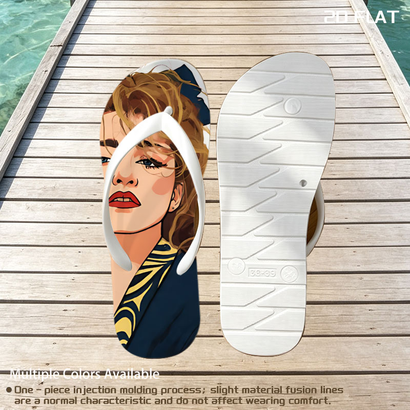Portrait of a Woman with Blonde Hair and Blue Bow, Wearing a Navy Blue Top with Yellow Patterns -  flip-flops
