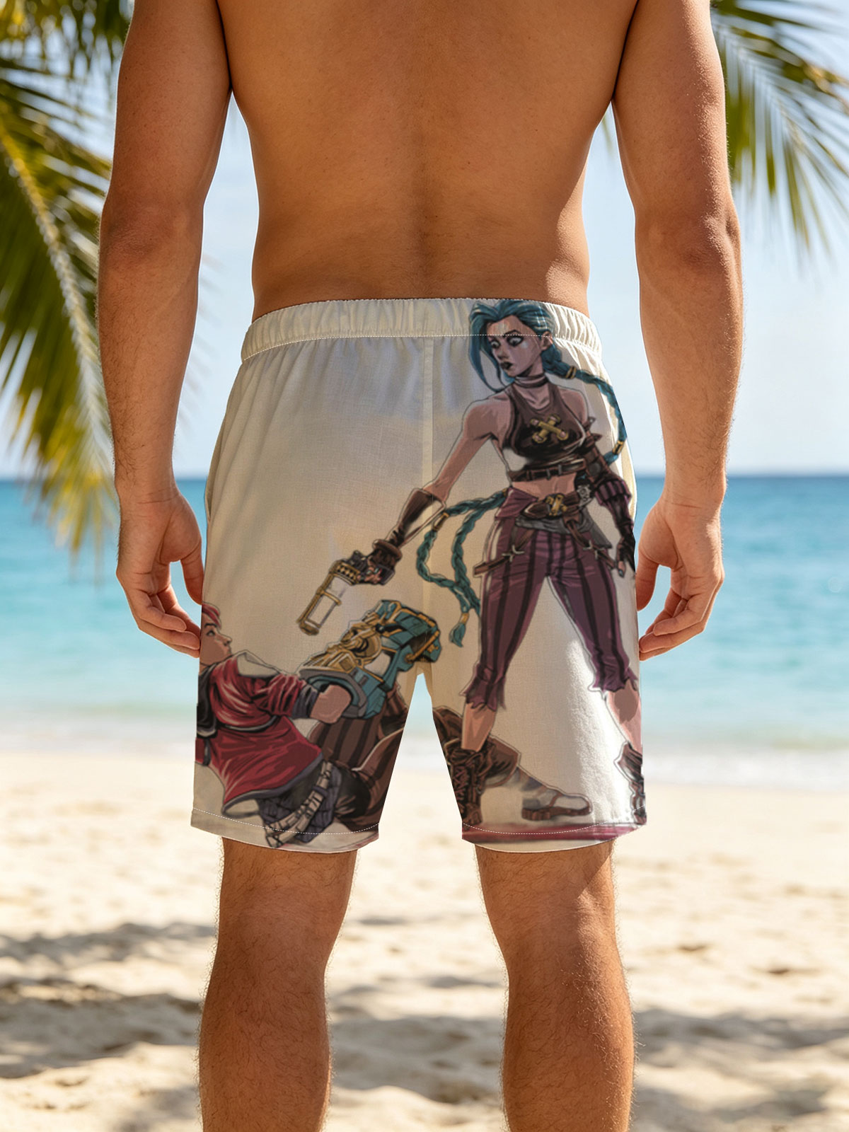 Blue-Haired Warrior and Pink-Haired Ally in Steampunk Combat Stance -  Beach shorts