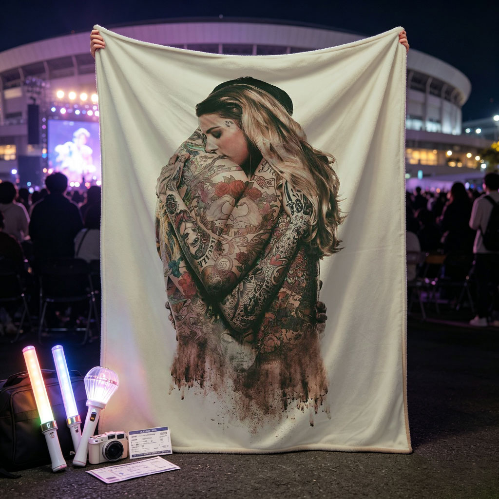 Madonna Hugging Herself in a Tattooed Embrace Artistic Portrait - Blankets