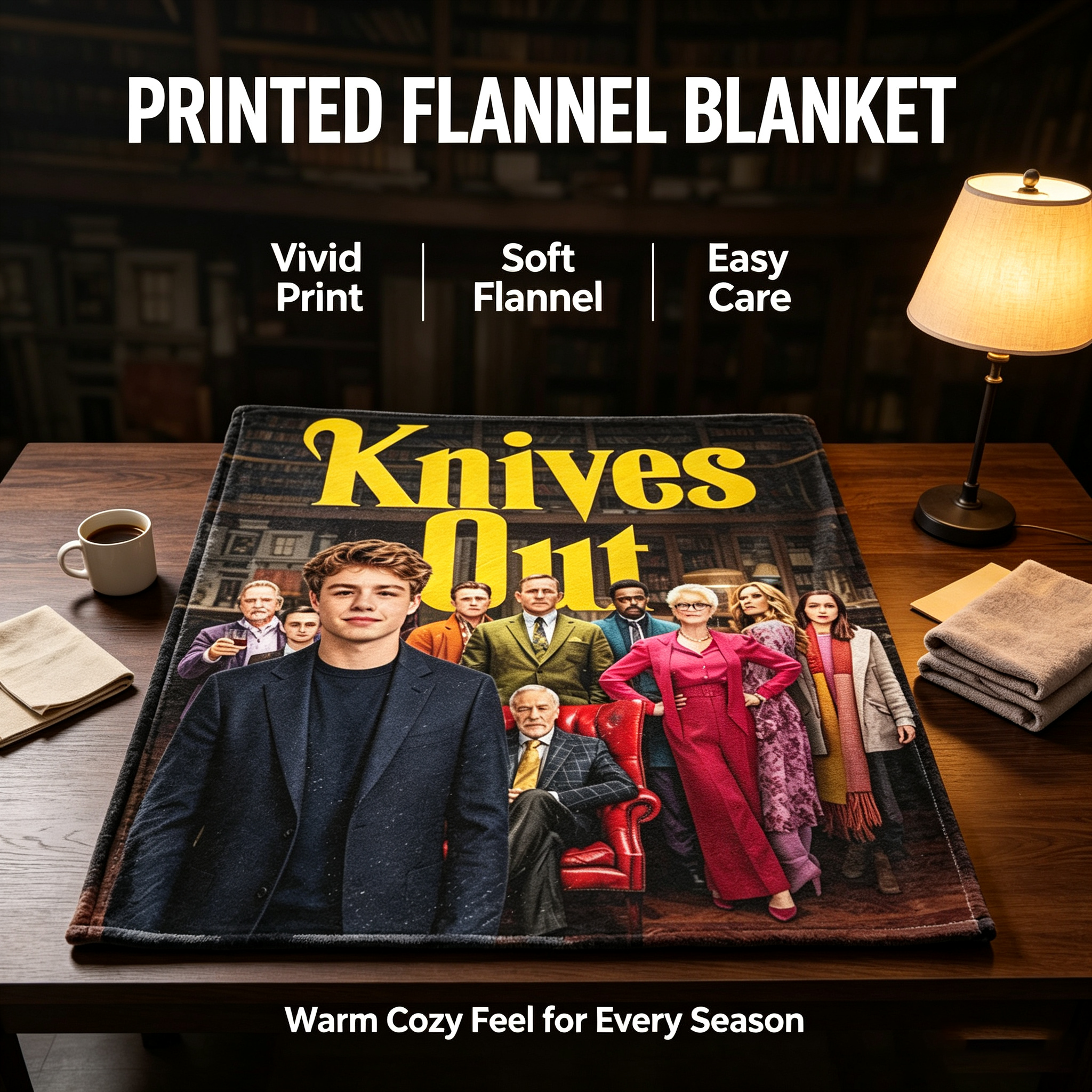 Custom Face Blanket Knives Out Movie Characters Flannel Blanket Cozy Home Decor Gift for Fans and Movie Lovers