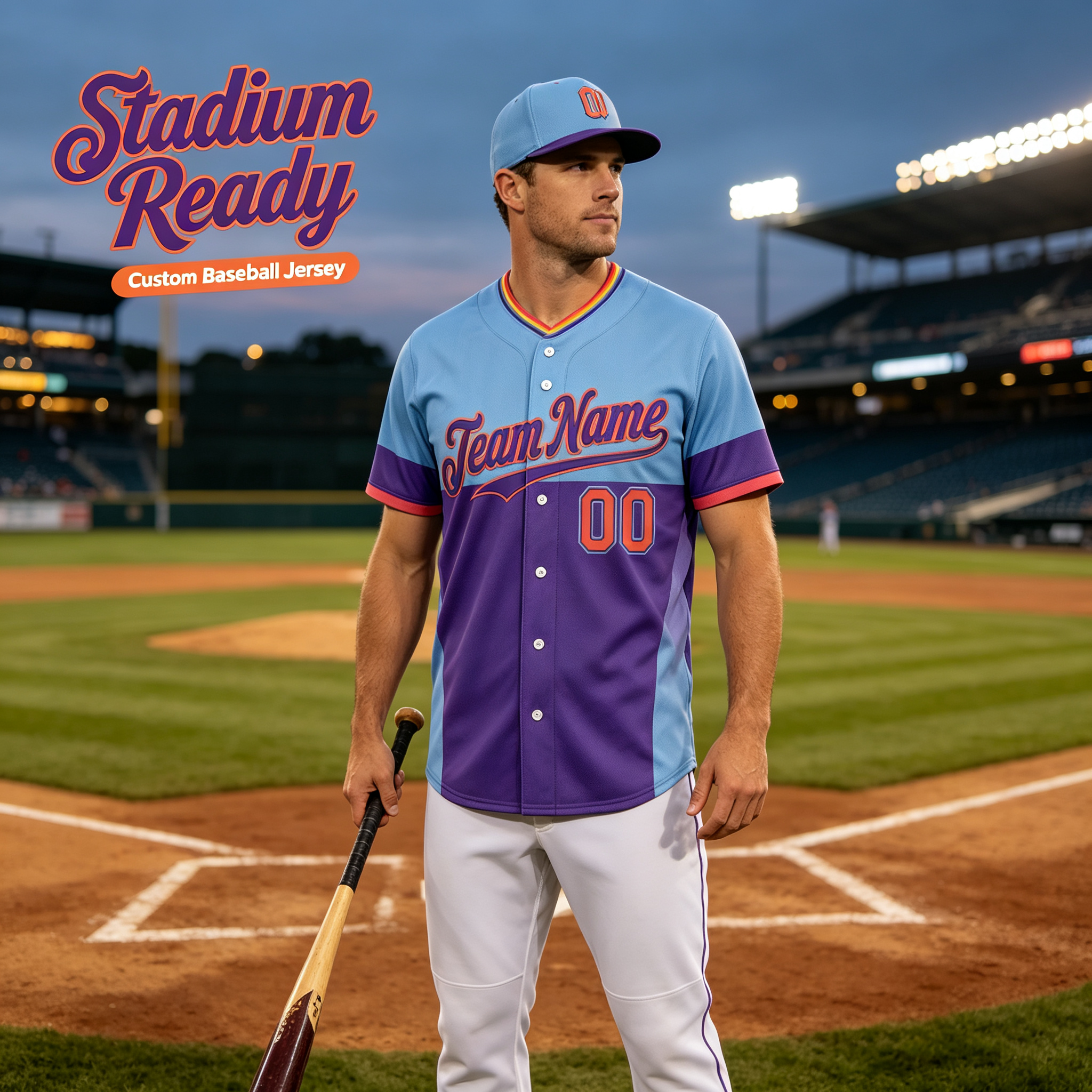 Custom Printed Denver Mountain Style Baseball Jersey Light Blue Purple Color Block Pullover V Neck Shirt for Men and Women