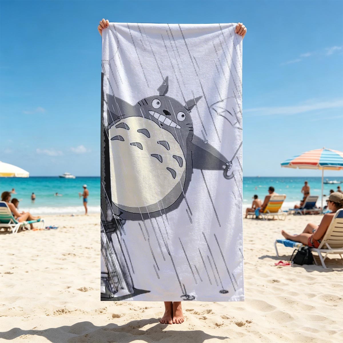 Totoro in the Rain with Umbrella and Streetlamp - Beach towels