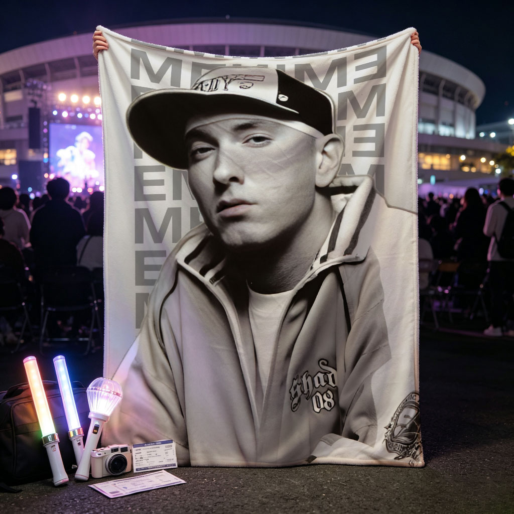 Eminem in a Casual Pose Wearing a Cap and Track Jacket with Tattooed Arms - Blankets