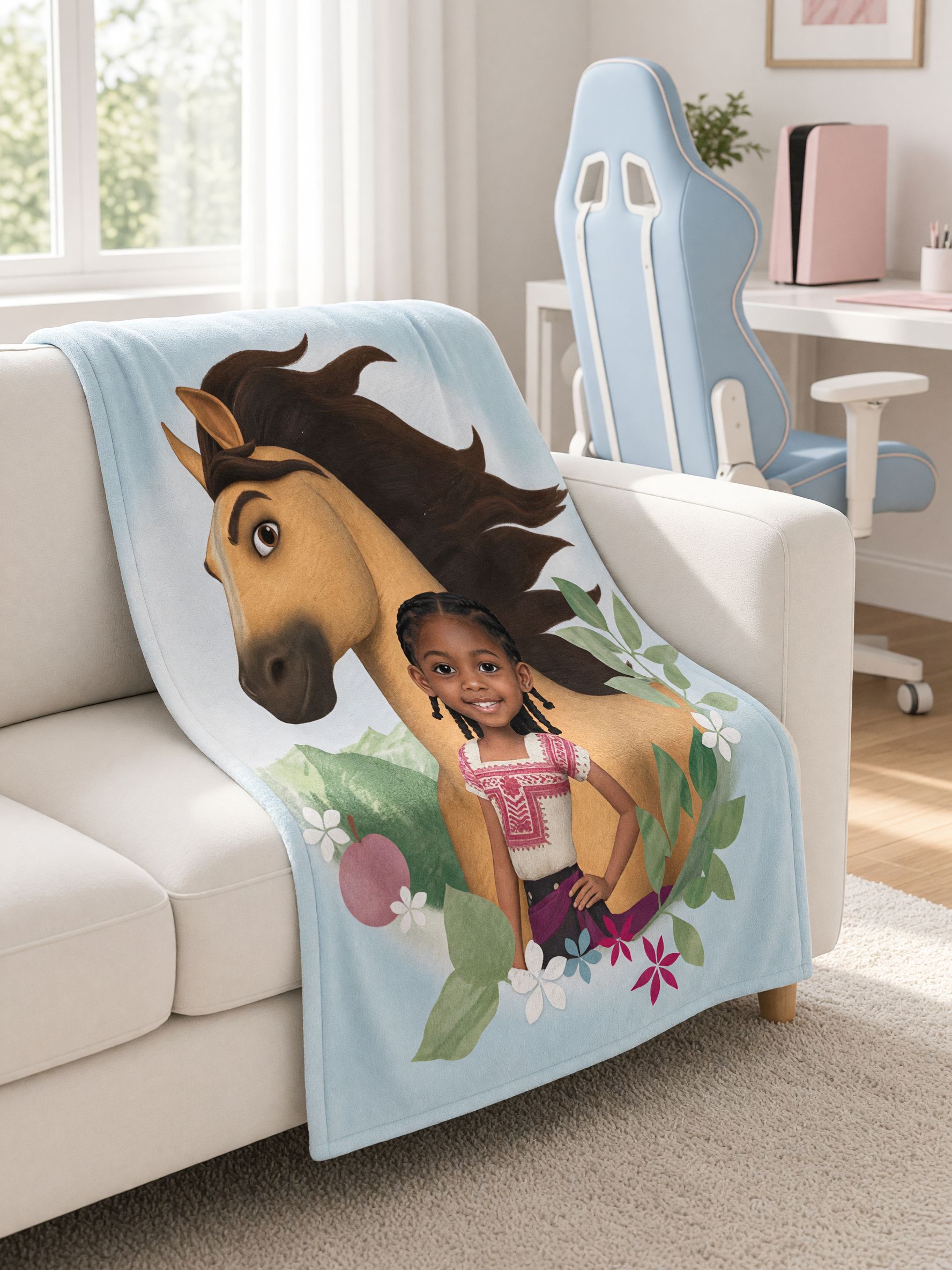 Custom Face Photo Blanket Personalized Flannel Throw with Wild Horse Graphic, Soft Cozy Bed Cover Gift