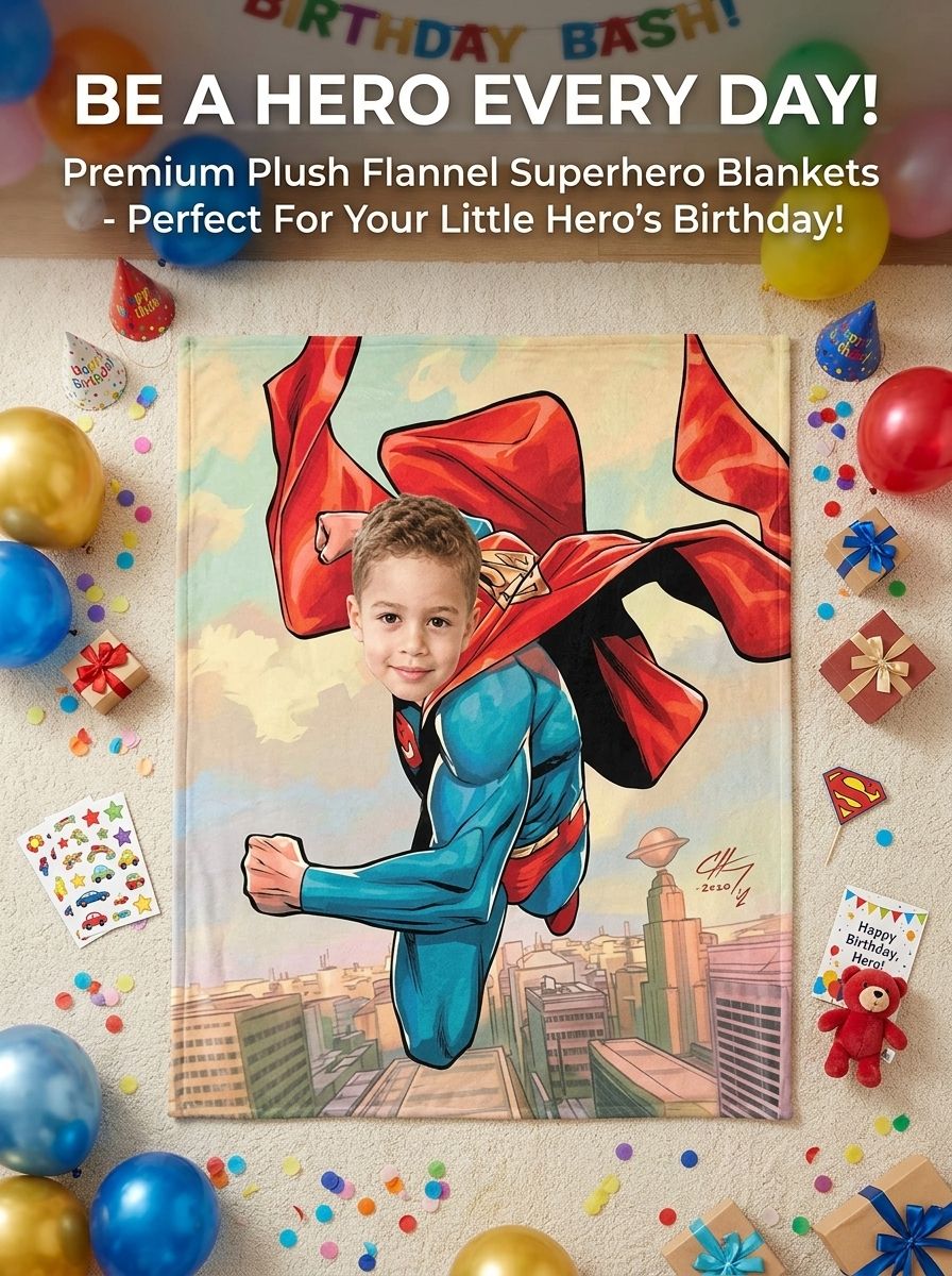 Custom Superhero Face Blanket, Personalized Photo Upload Flannel Fleece Throw, Ultra Soft Cozy Keepsake Gift for Kids