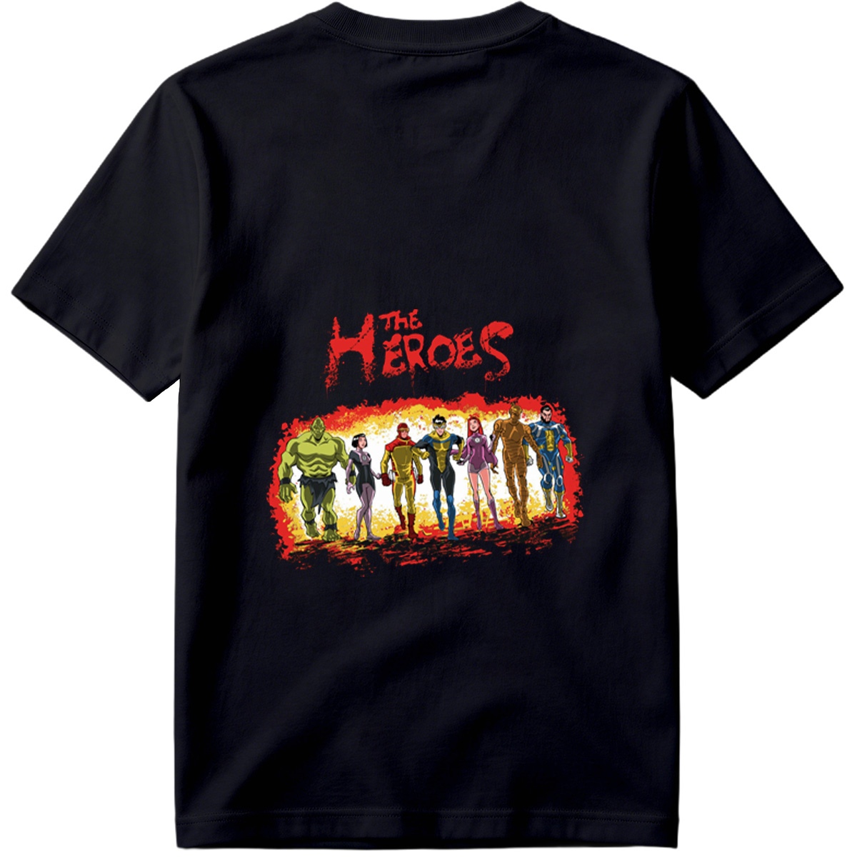 The Heroes: Green Hulk, Black Widow, Red Ranger, Blue Avenger, Pink Warrior, Golden Titan, and Blue Sentinel - Tee