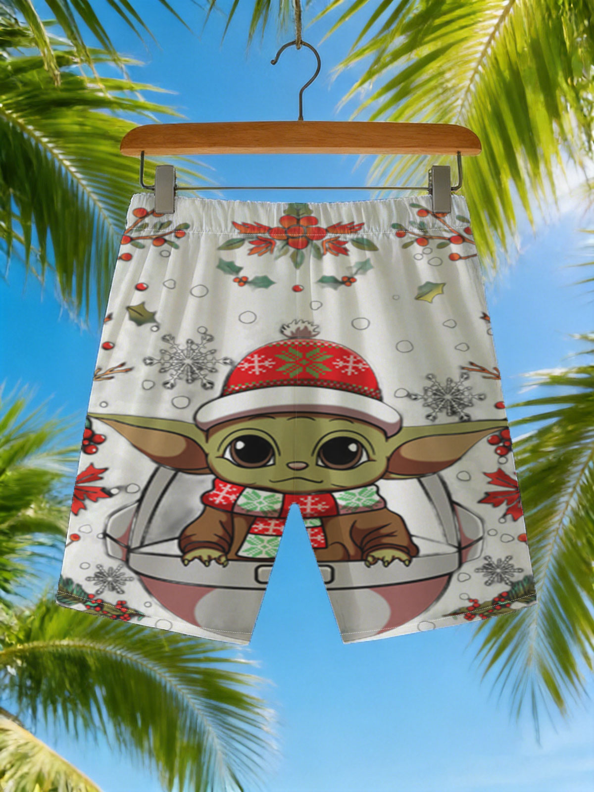 Baby Yoda in Christmas Hat and Scarf, Surrounded by Holiday Decorations -  Beach shorts