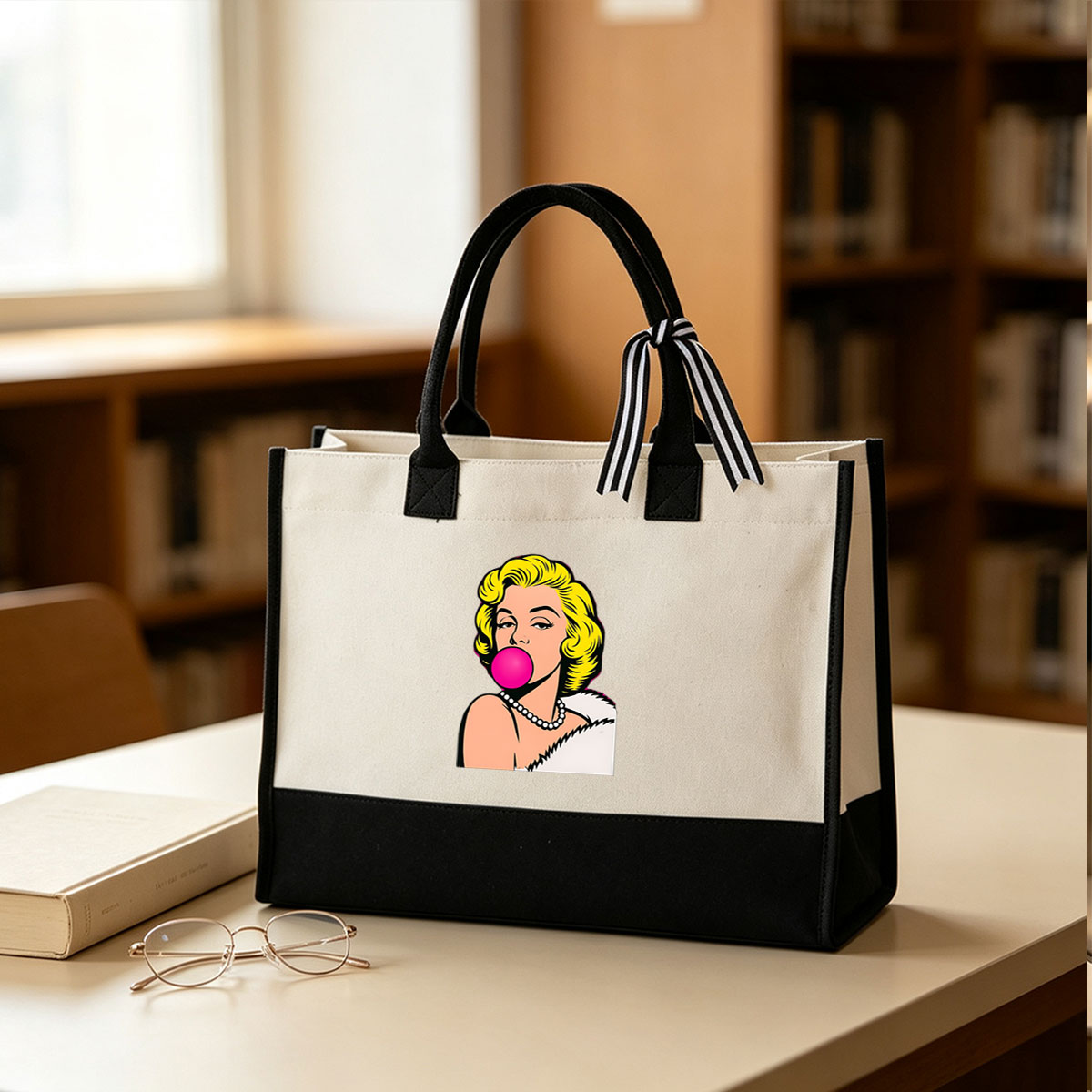 Marilyn Monroe Blowing Pink Bubblegum - Canvas patchwork gift tote bag