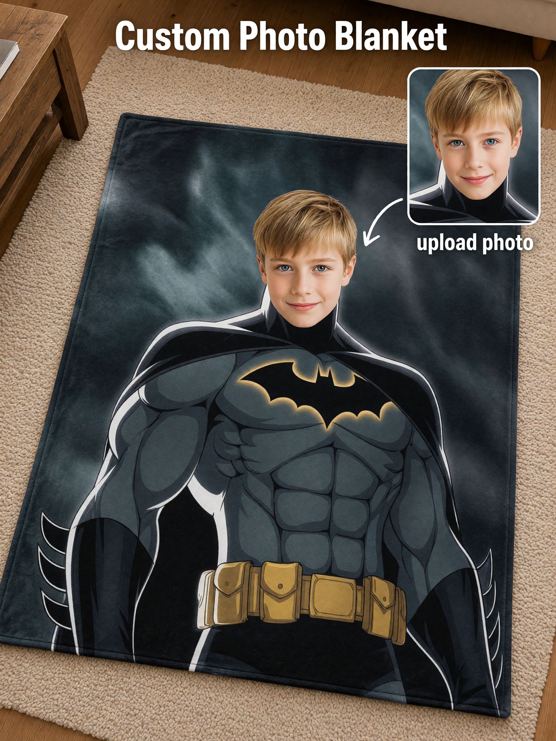 Custom Face Superhero Photo Flannel Fleece Throw Blanket, Soft Anti-Pilling Cozy Bedding Ideal Personalized Gift