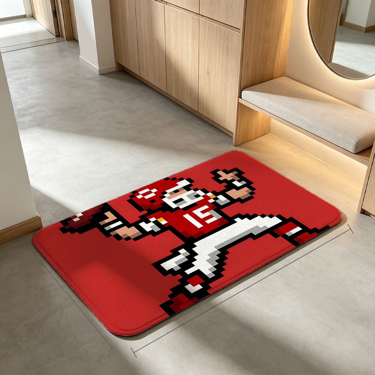 Pixel Football Player in Red Uniform, Number 15, Celebrating with Ball - Flannel floor mat