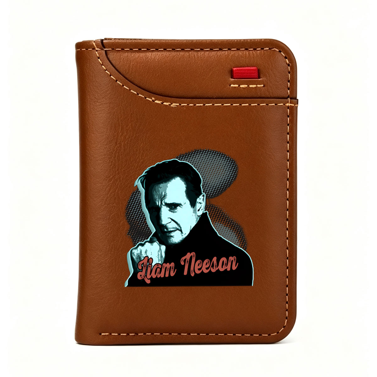 Liam Neeson in a dramatic pose with bold text and graphic design elements - Vertical Style Wallet