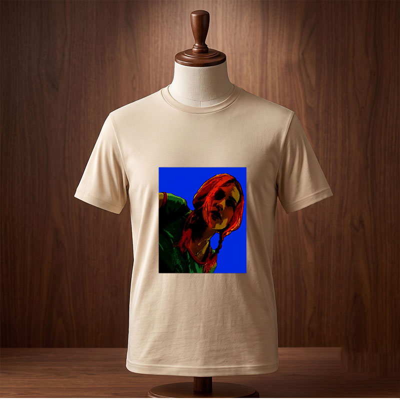Red-Haired Woman in Green Top Against Blue Background - Tee