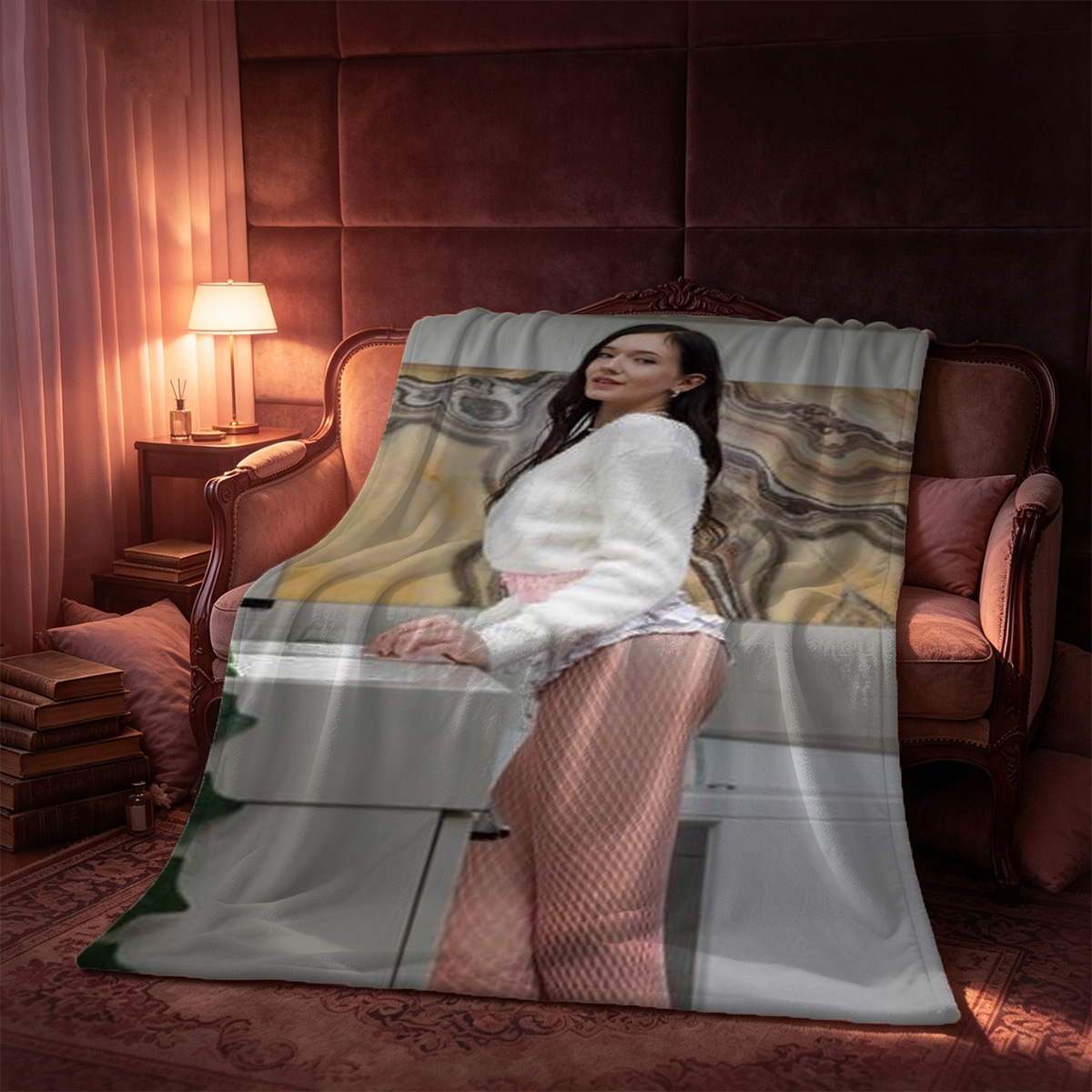 Ahegao Beauty in Grey Lingerie Kneeling on Bed with Pasties and Paddle. - Blanket
