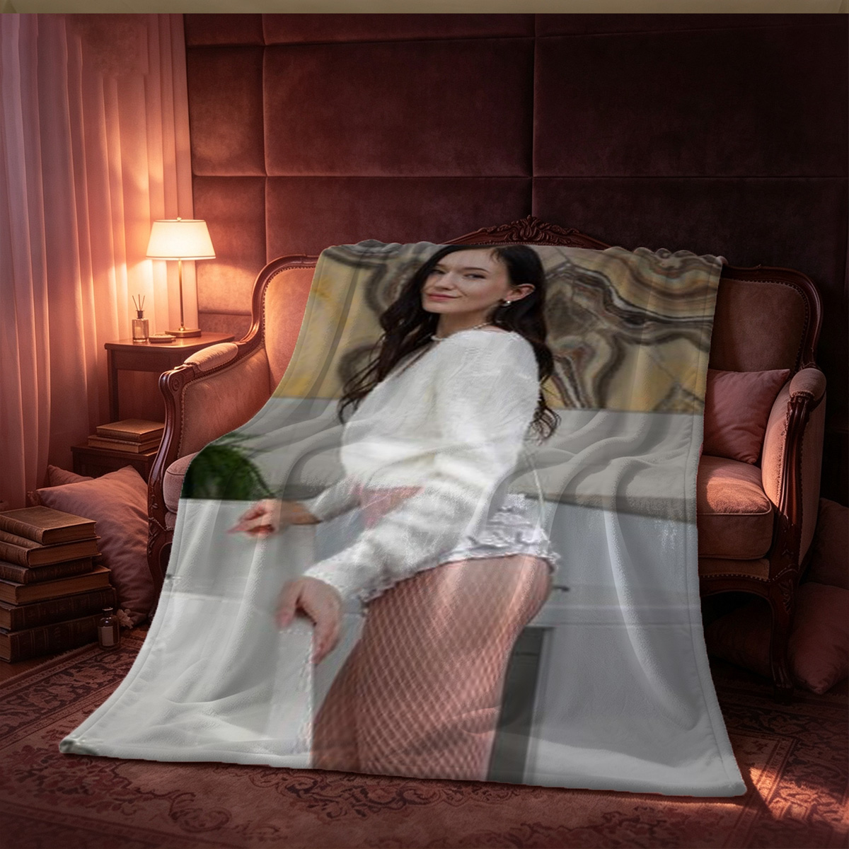 Dakota Johnson in a sheer brown robe sitting barefoot in a modern living room - FEMJOY - Blanket