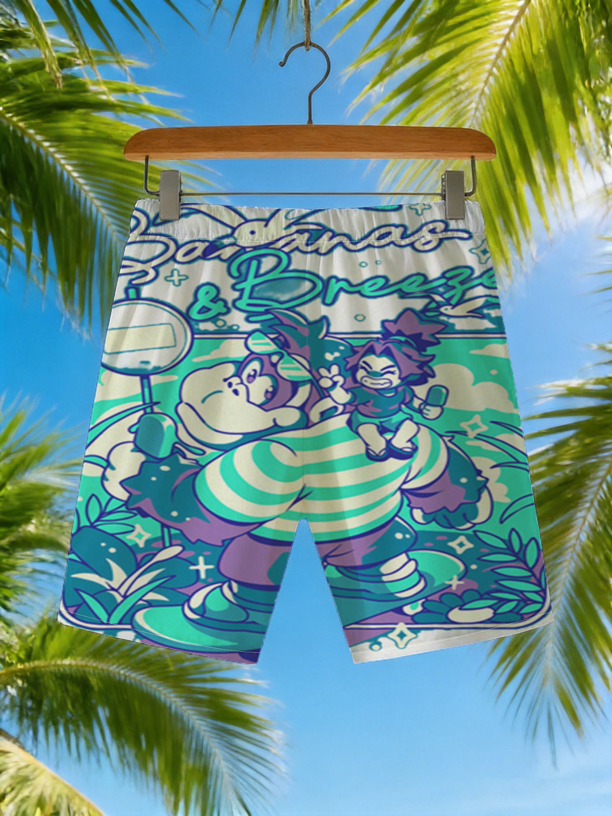 Bananas & Breeze: A whimsical adventure with a striped giant and a playful rider in a vibrant, magical landscape. -  Beach shorts