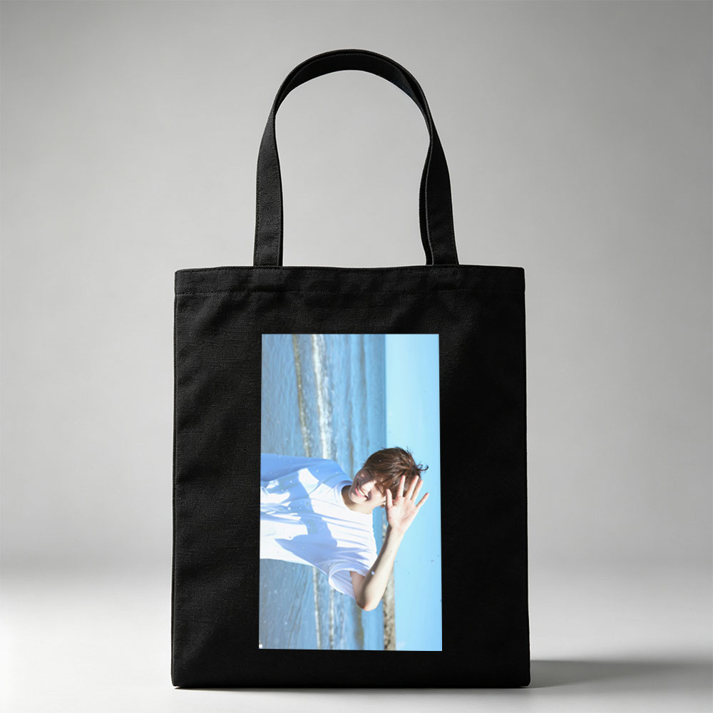 BTS Jungkook Beach Scene Smiling and Waving in White T-Shirt - Canvas tote bags