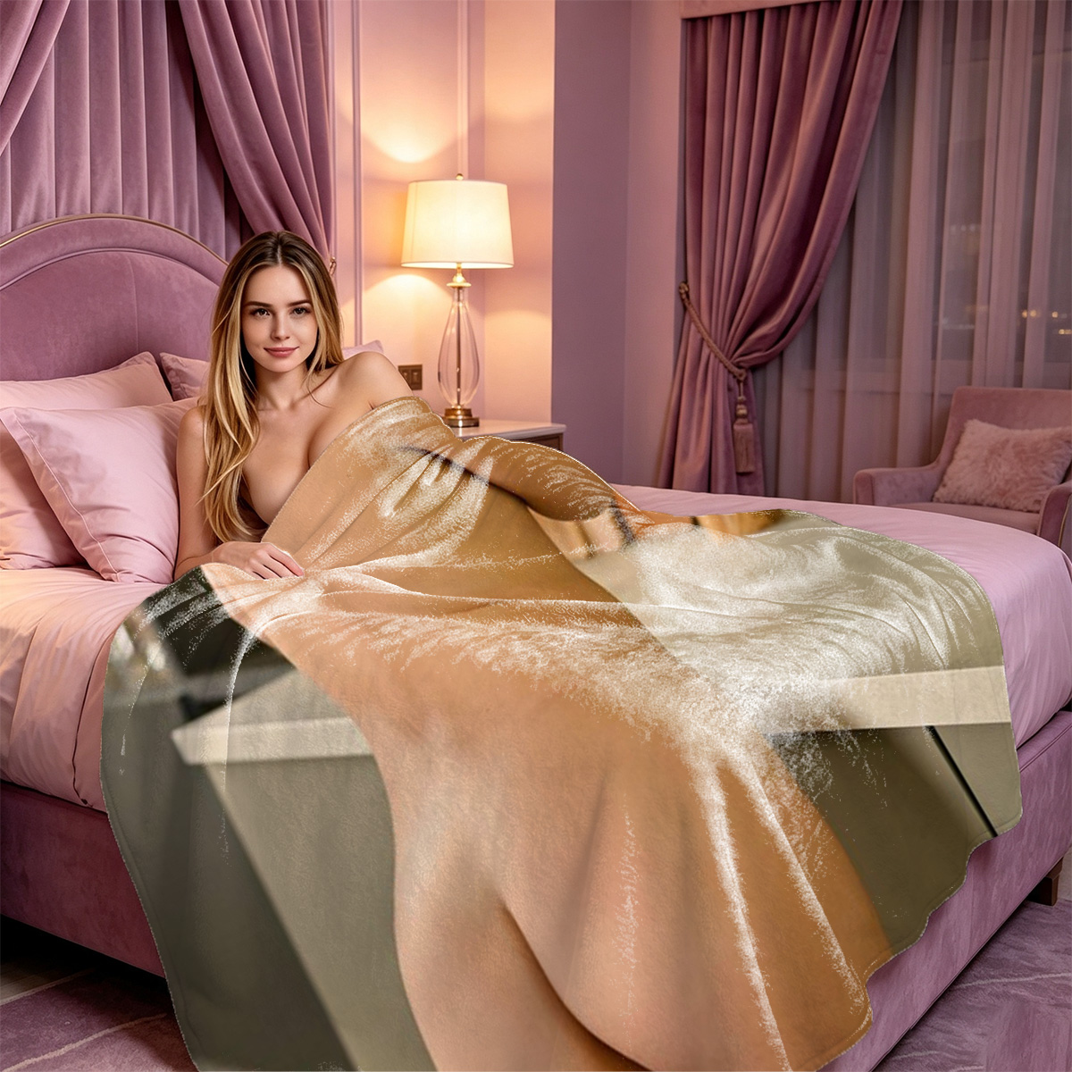 Nude Blonde in Purple Panties Holding Strawberry Postcards - Blanket