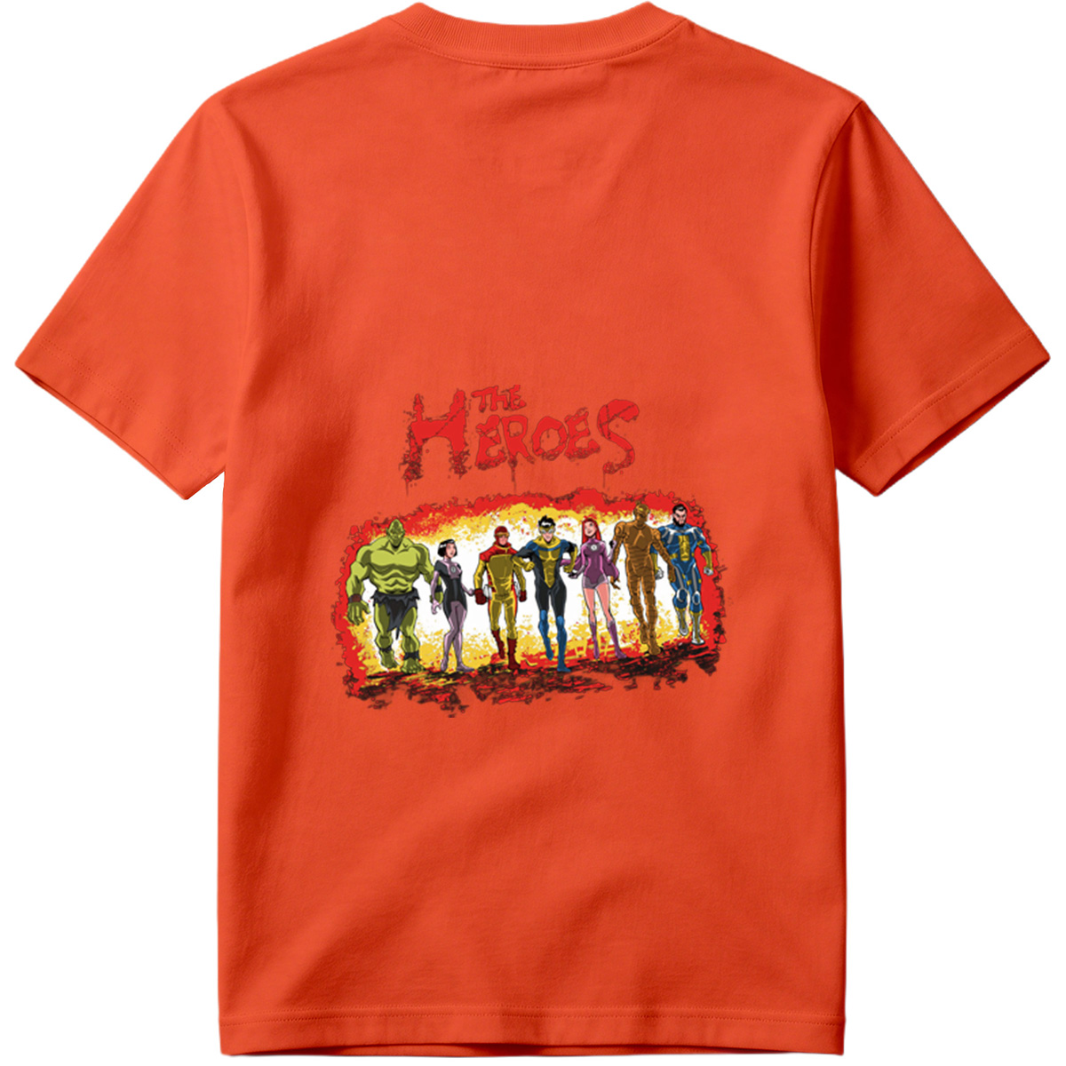 The Heroes: Green Hulk, Black Widow, Red Ranger, Blue Avenger, Pink Warrior, Golden Titan, and Blue Sentinel - Tee