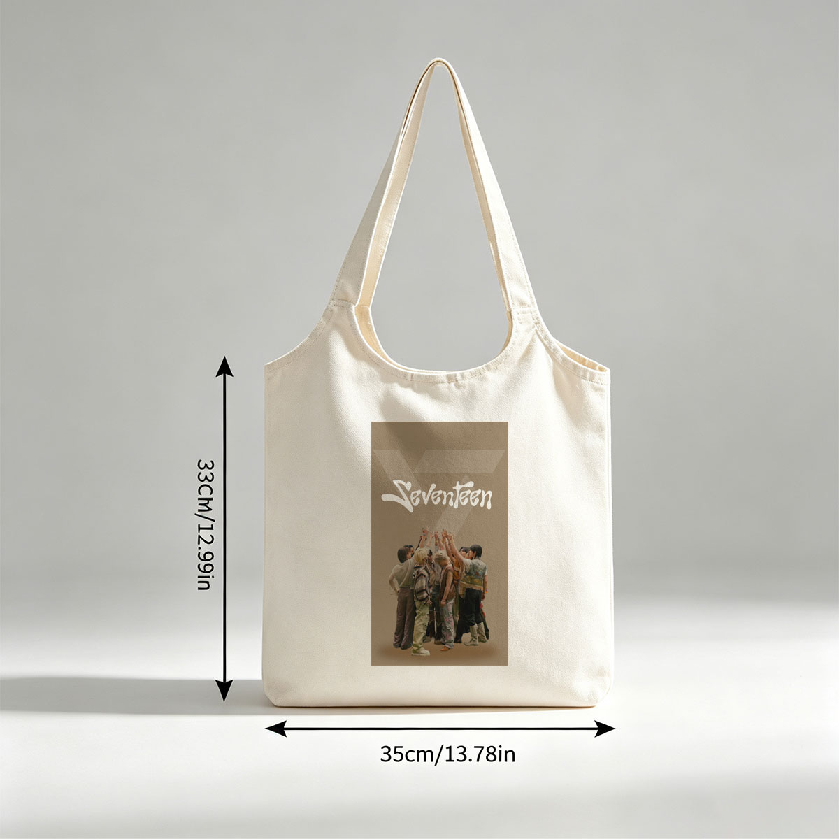 Seventeen Group Huddle Pose with Raised Hands in Stylish Outfits - Canvas shoulder bags/