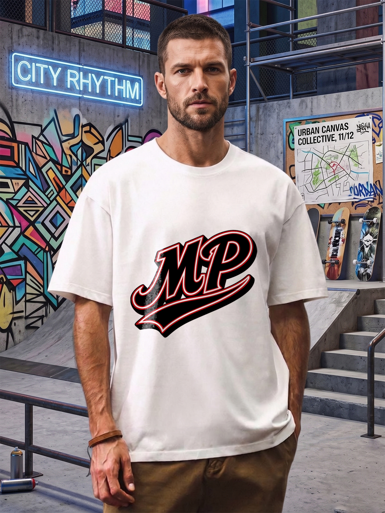 Men's Printed T-Shirt MP Logo Design Casual Round Neck Summer Lightweight Breathable Short Sleeve T-Shirt for Everyday Wear, Outdoor Activities, and Sports Fans, Suitable for Adults and Youth