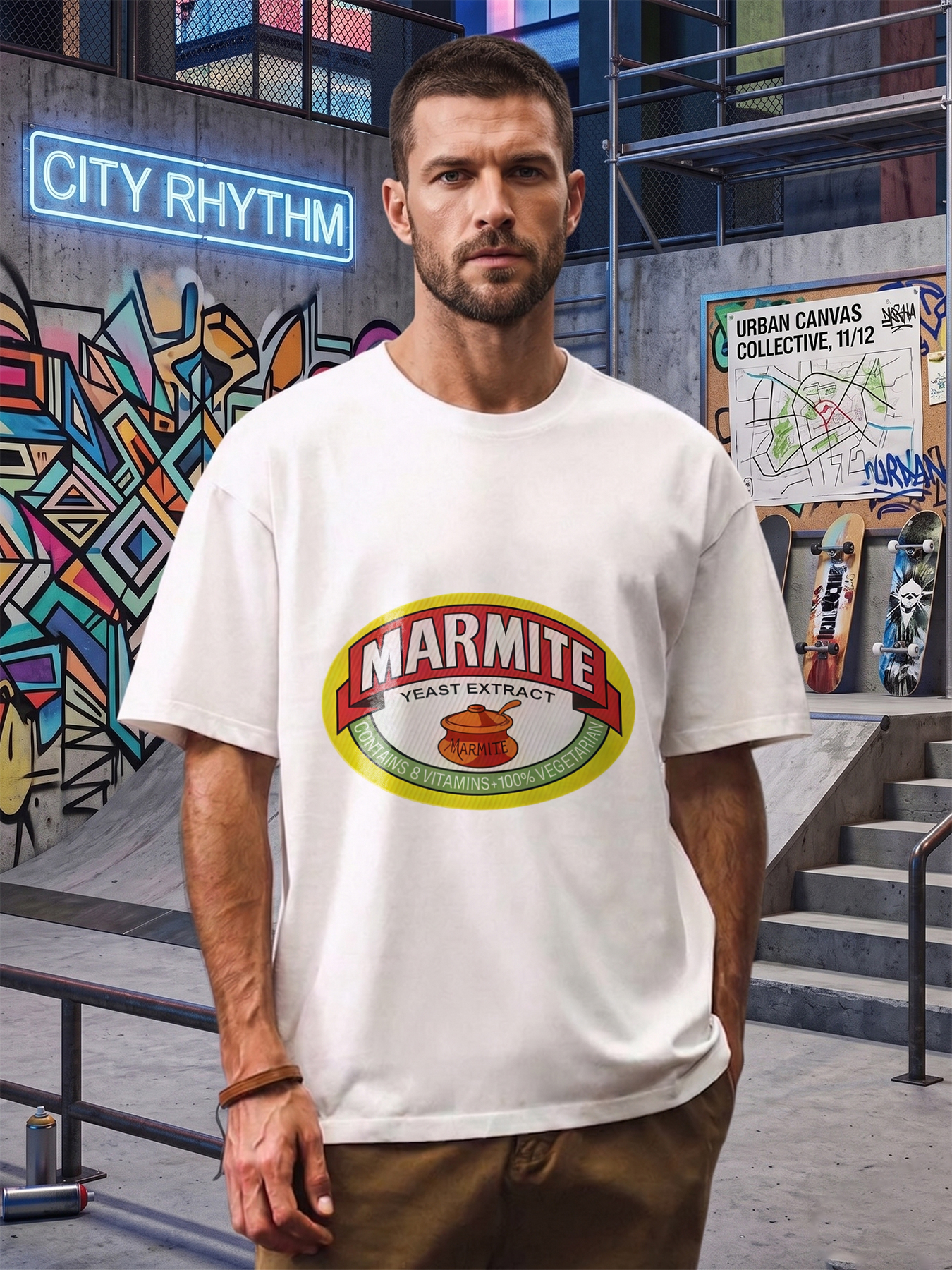 Men's Marmite Yeast Extract Print T-Shirt Casual Round Neck Summer Lightweight Breathable Short Sleeve Tee for Food Lovers and British Culture Fans