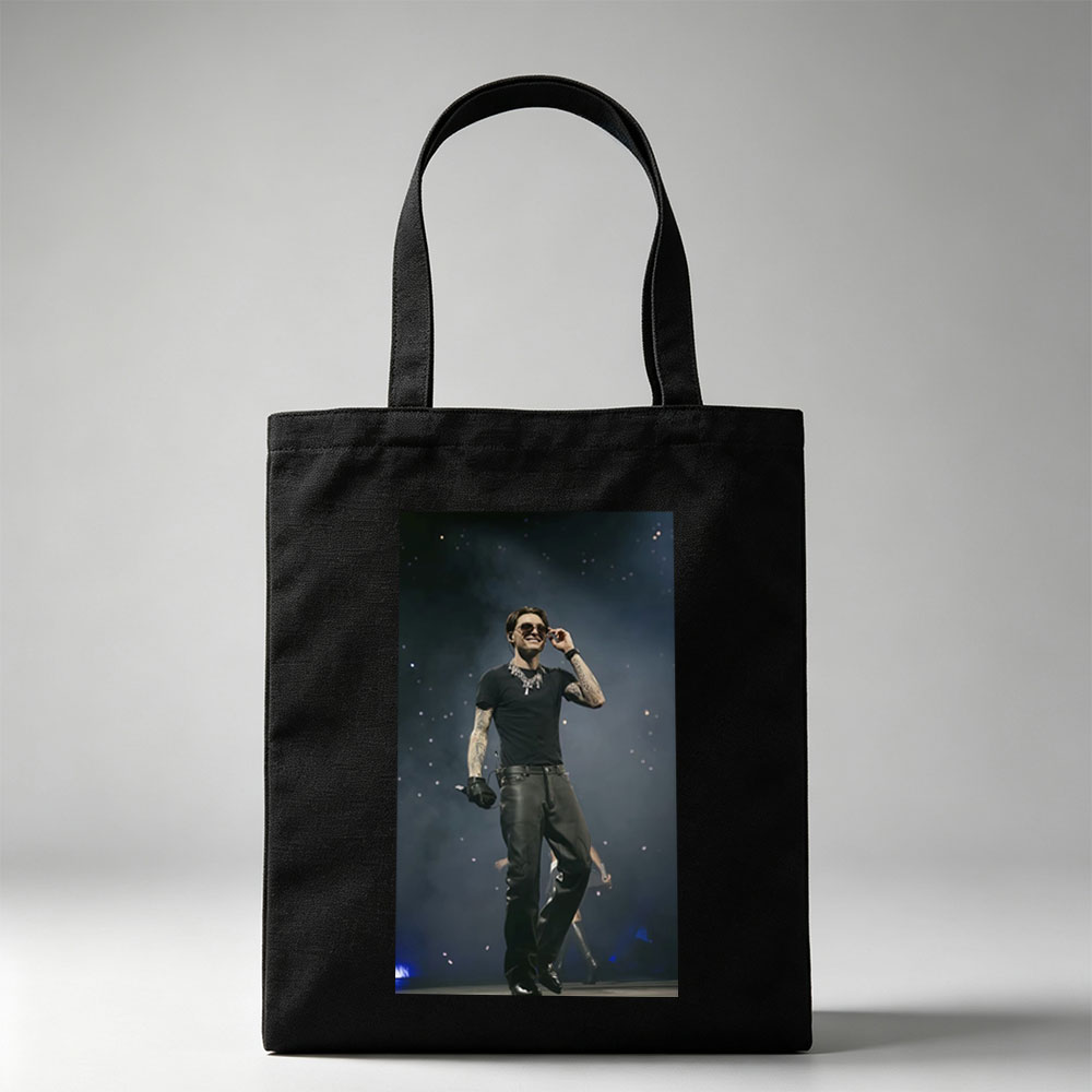 Machine Gun Kelly on Stage Performing in Black Outfit with Tattoos and Sunglasses - Canvas tote bags