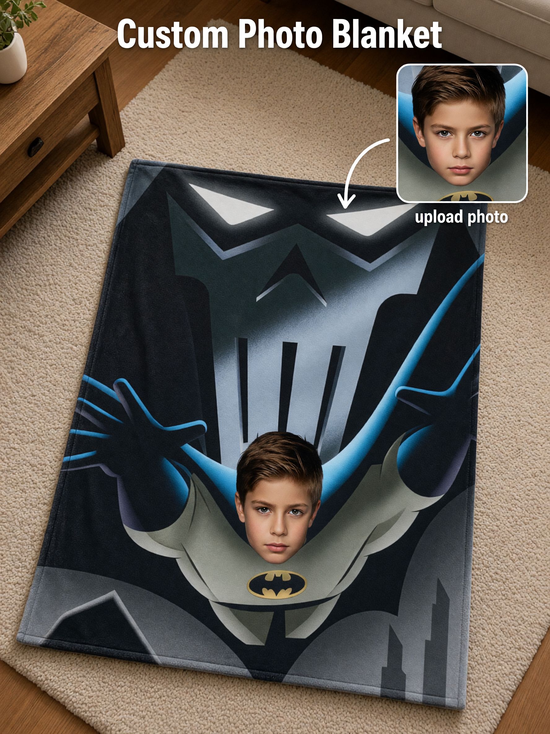 Custom Photo Superhero Flannel Fleece Blanket, Personalized Face Throw for Boys, Cozy Bed and Couch Gift