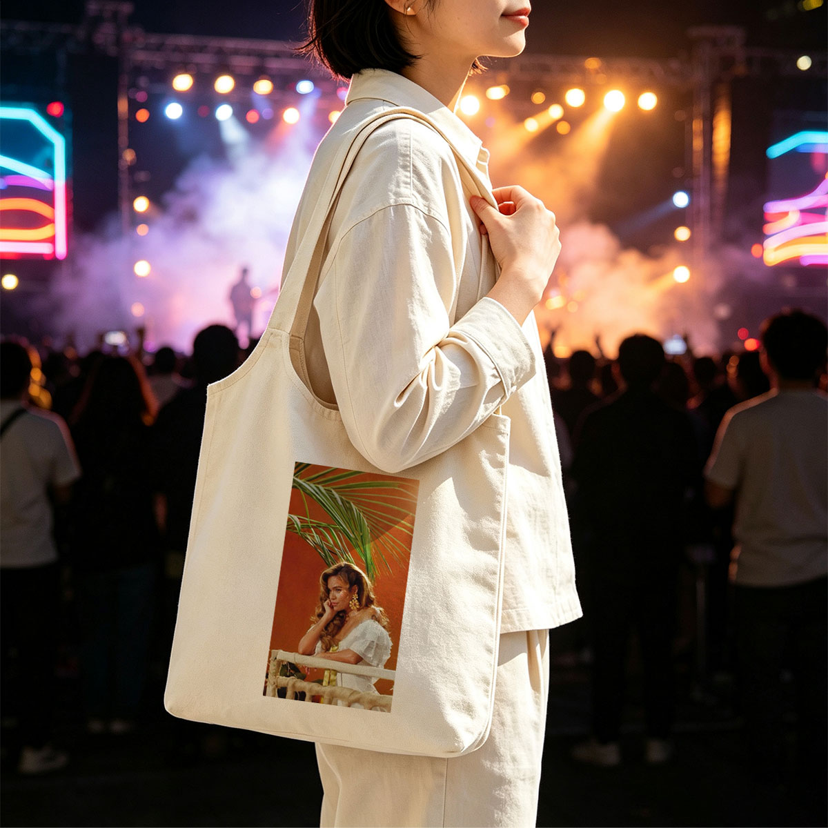 Maren Morris in a Tropical Scene Wearing a White Ruffled Dress with Palm Leaves in the Background - Canvas shoulder bags/