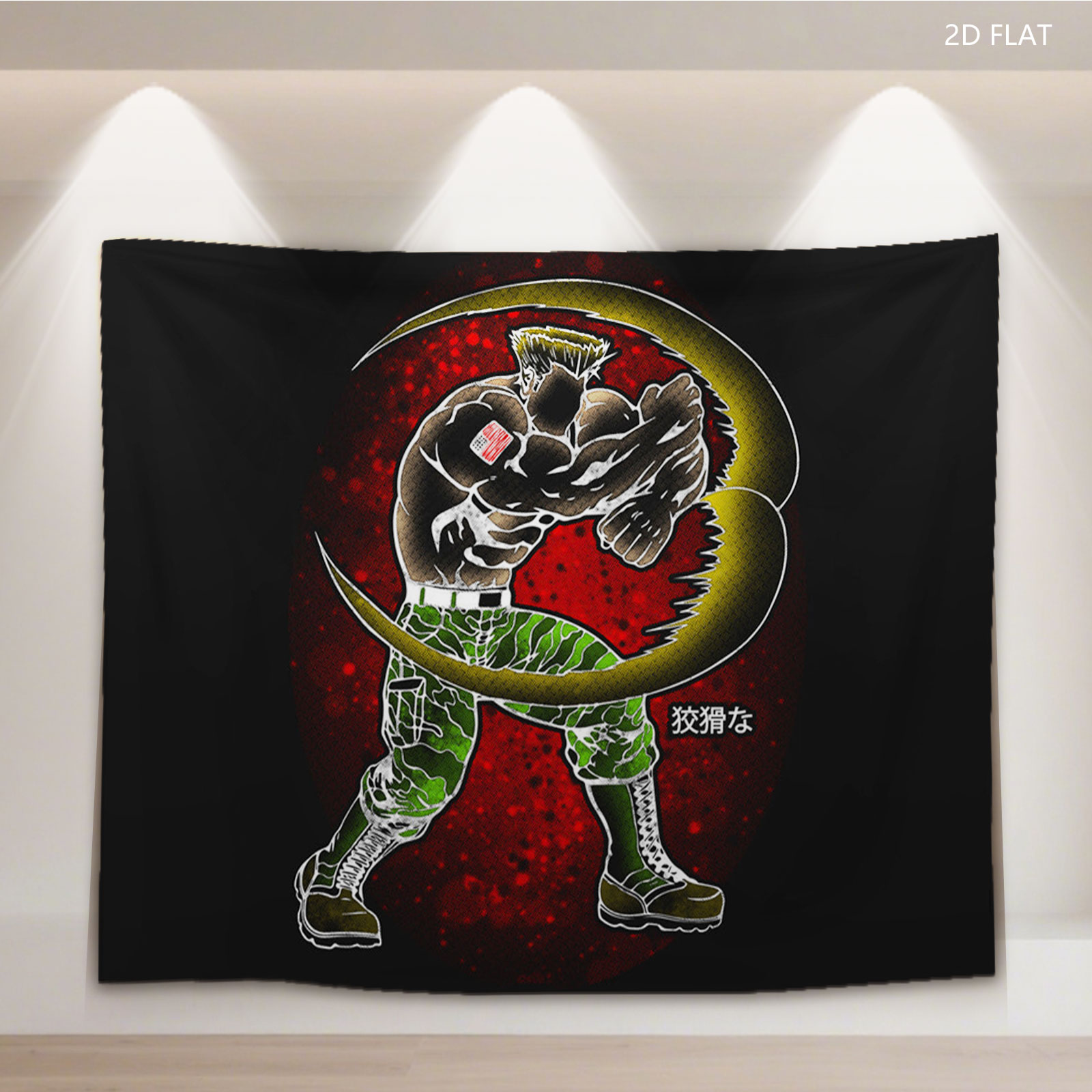 Muscular Soldier with Crescent Moon and Japanese Text - Tapestry