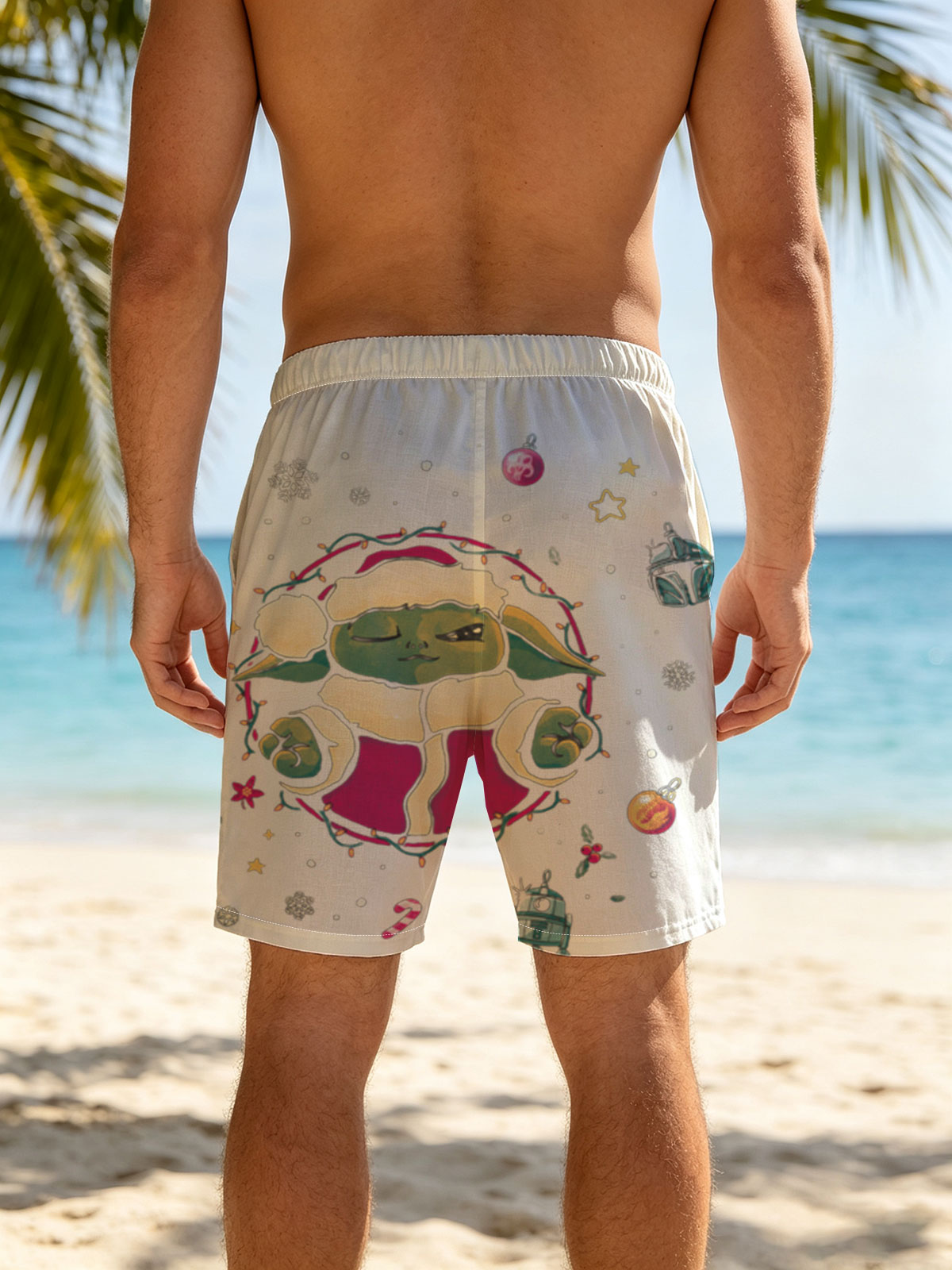 Baby Yoda in Santa Outfit with Star Wars Christmas Ornaments -  Beach shorts