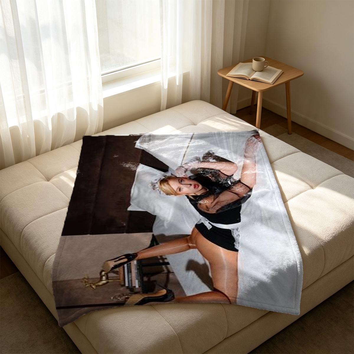 A woman in black lingerie and sheer stockings posing in a luxurious bathtub. - Blanket