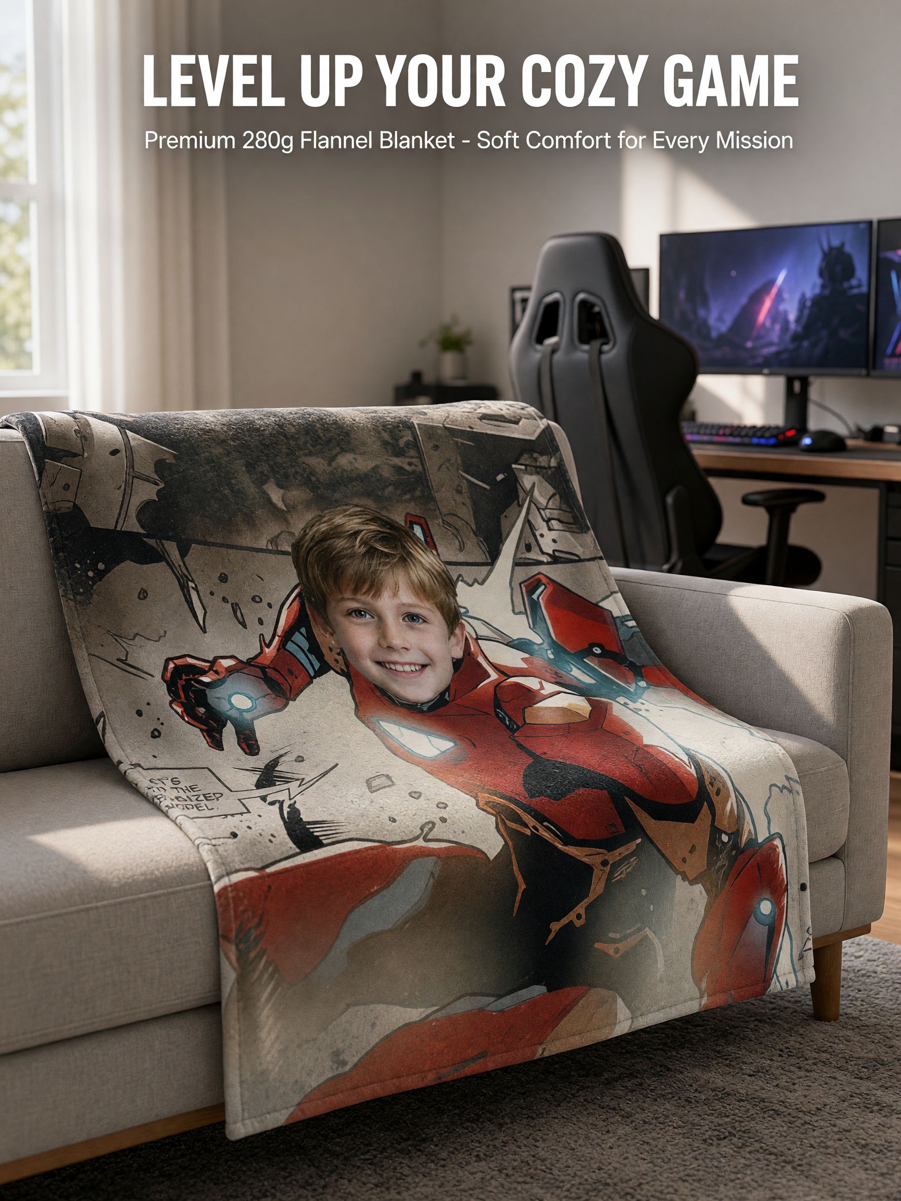 Custom Face Superhero Flannel Fleece Blanket, Personalized Comic Character Throw, Cozy Bed Couch Photo Gift