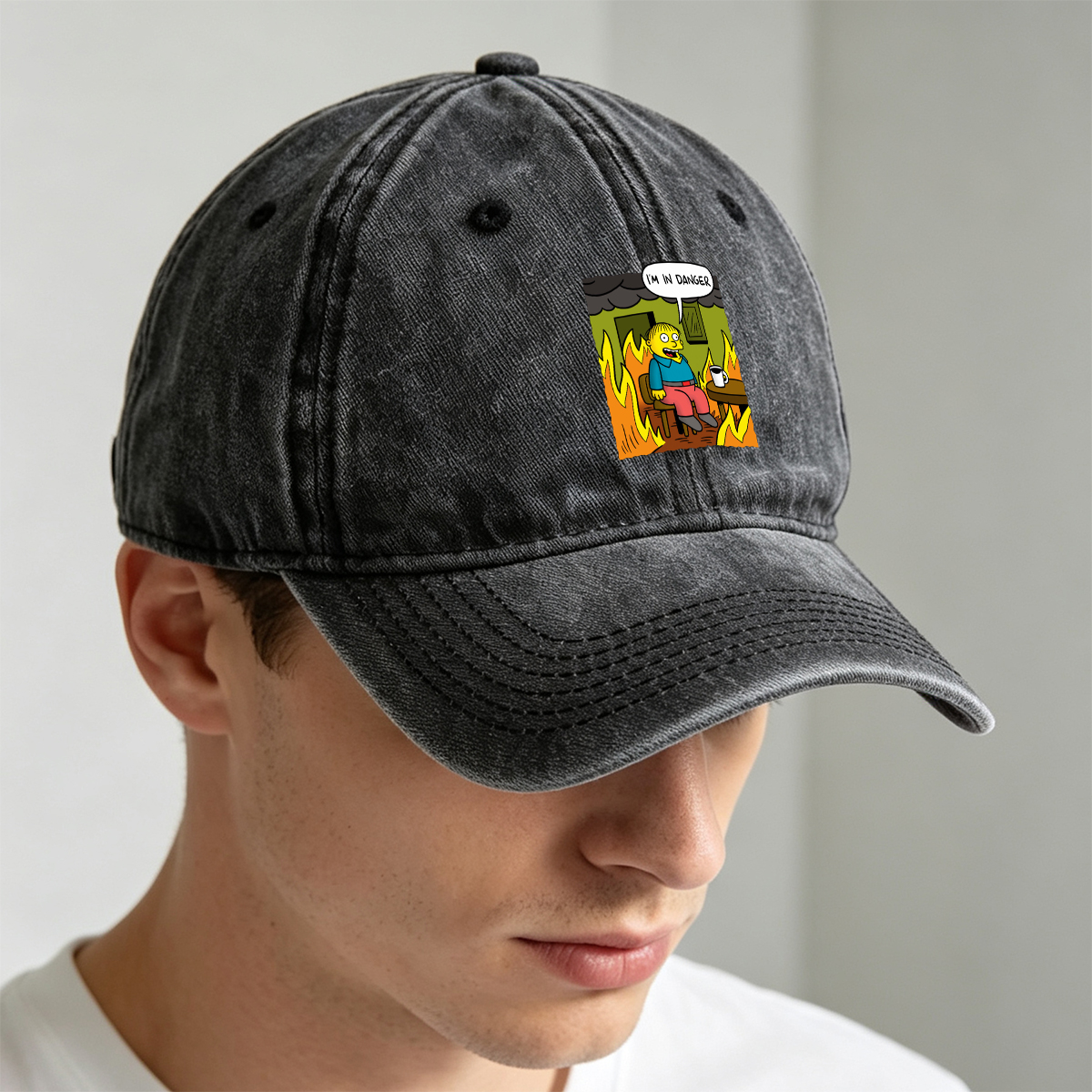 Simpsons Character in Burning Room - Washed Denim - Baseball Cap