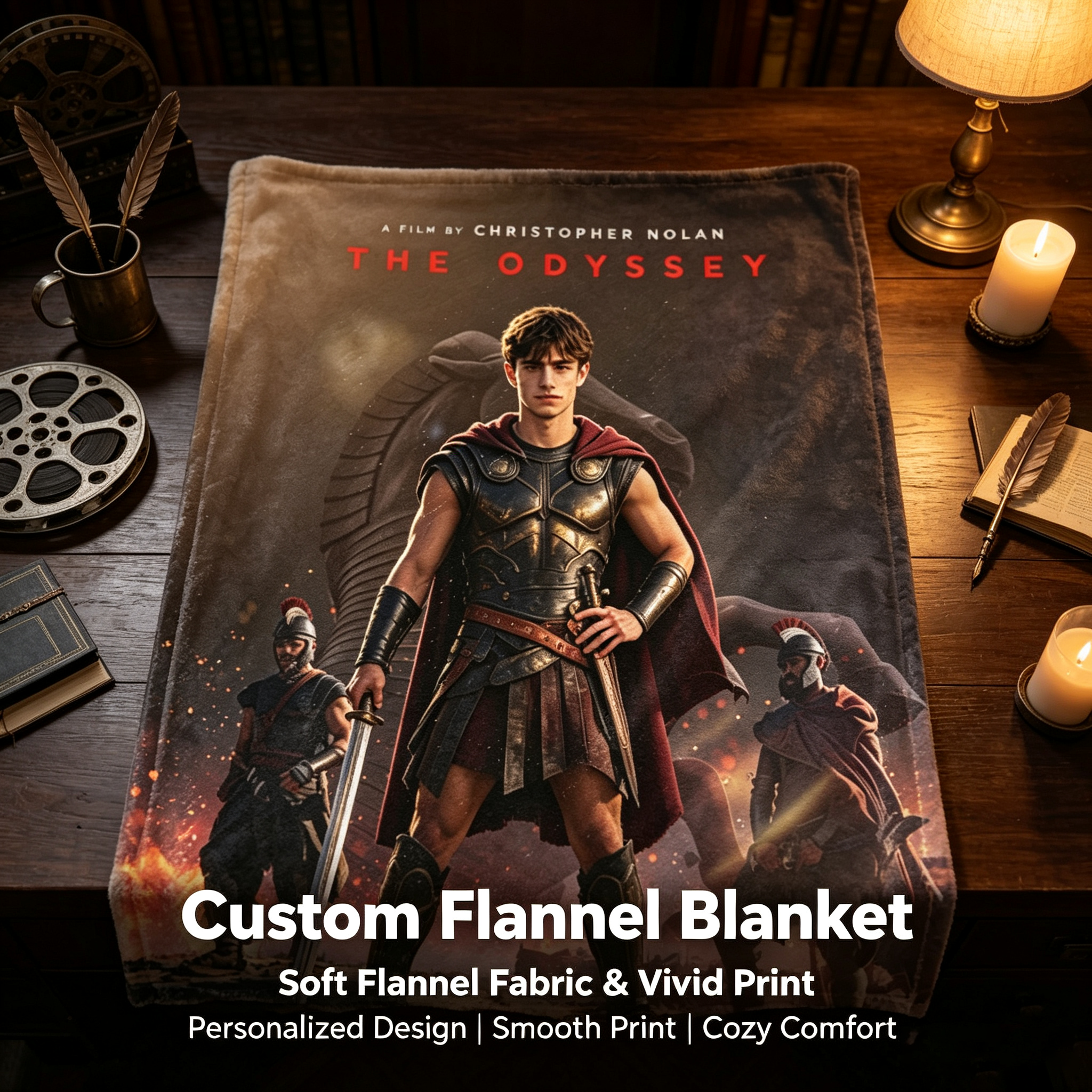 Custom Face Blanket The Odyssey Movie Character Flannel Blanket for Couch, Bed, or Travel – Perfect Gift or Giveaway for Fans of Christopher Nolan Films