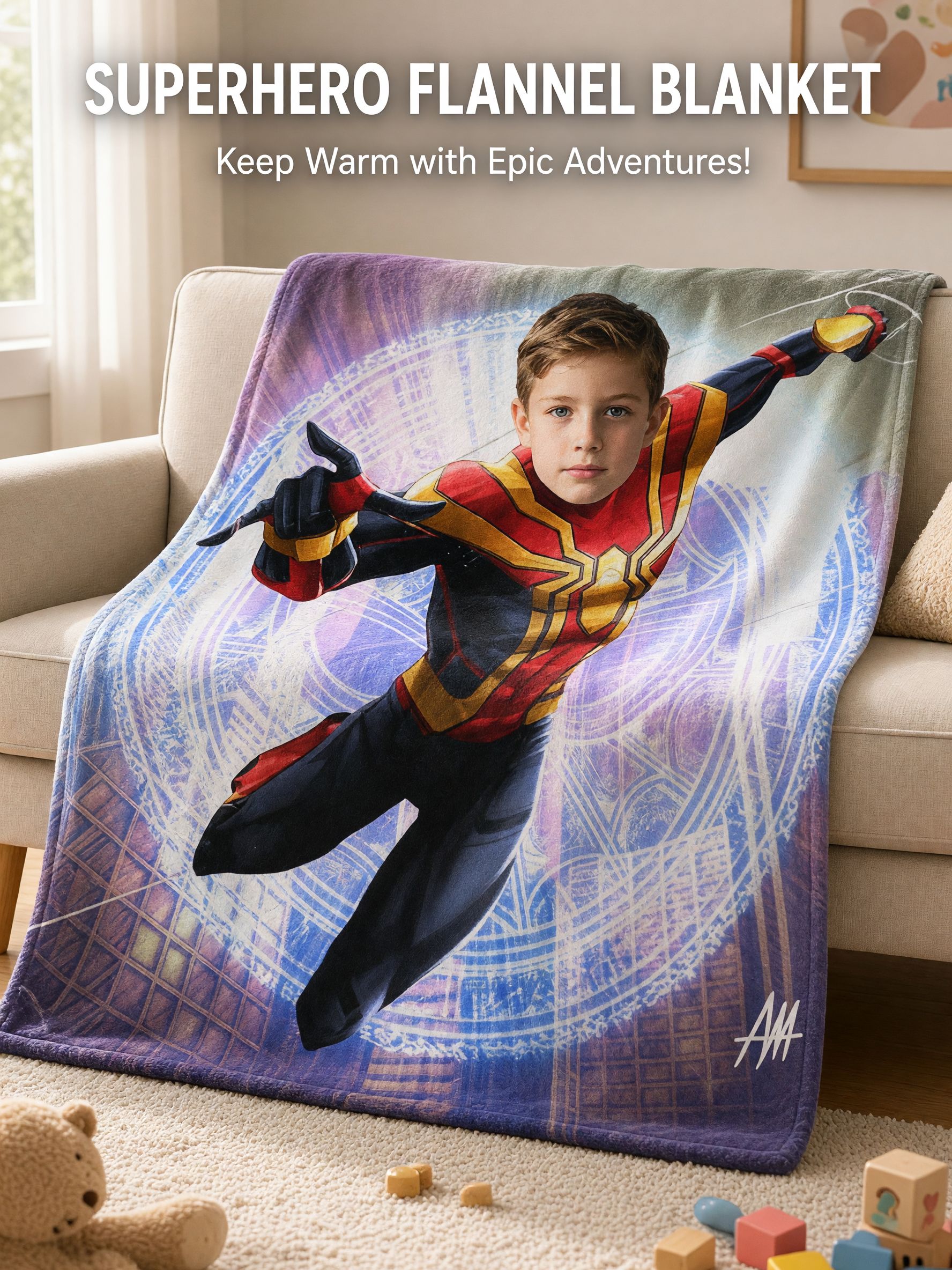 Custom Face Superhero Flannel Fleece Blanket, Personalized Photo Throw for Kids and Adults, Cozy Warm Bed Couch Gift