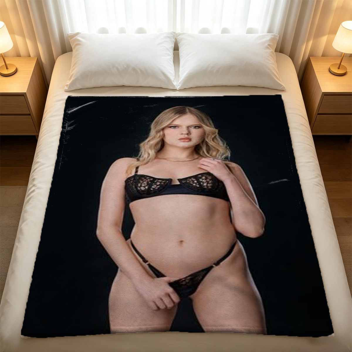 Two Women in Lingerie Kissing on Couch - Blanket