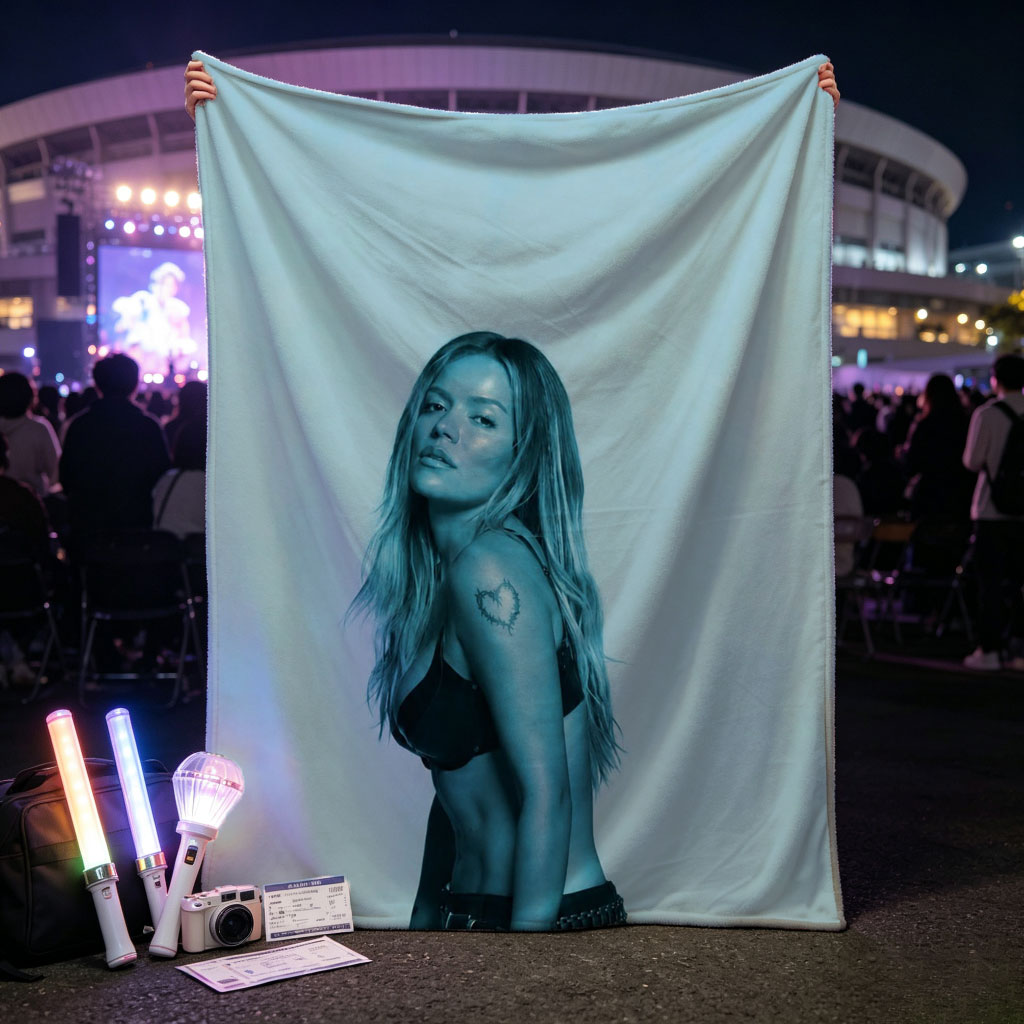 Khloe Kardashian in a Bold Pose with Heart Tattoo and Edgy Fashion Against a Cool Blue Backdrop - Blankets