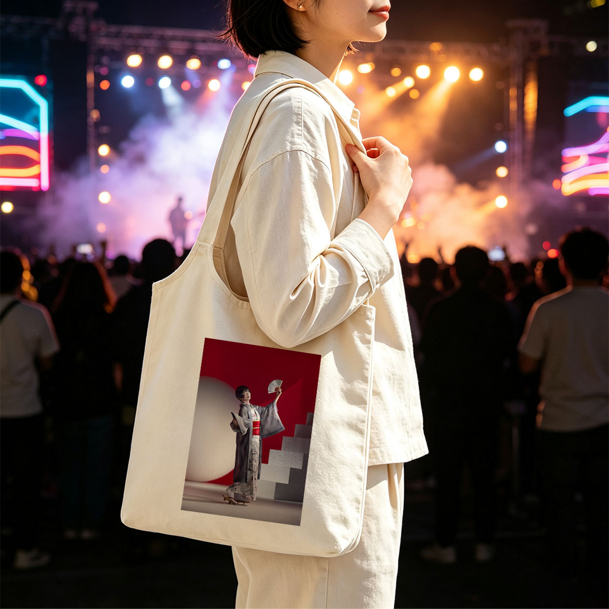 Maki Horikita in Traditional Kimono Holding Fan Against Red Background - Canvas shoulder bags/
