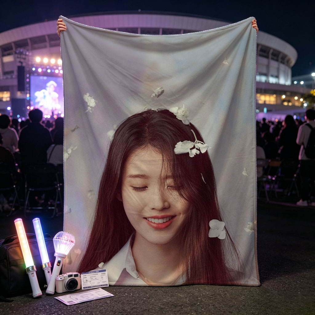 IU in a Dreamy Floral Scene with White Flowers Floating Around Her - Blankets