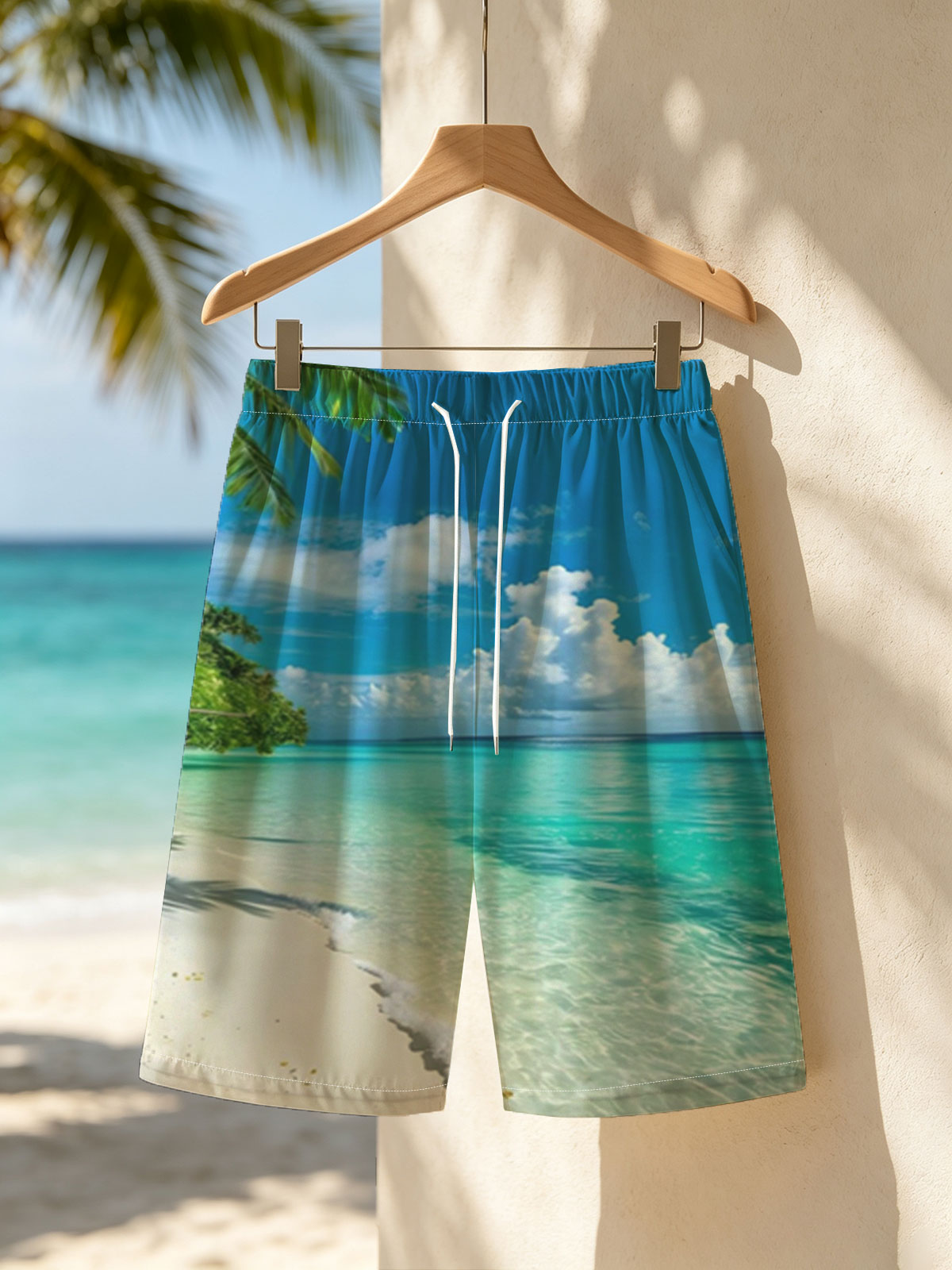 Tropical Beach with Crystal Clear Water and Palm Trees -  Beach shorts