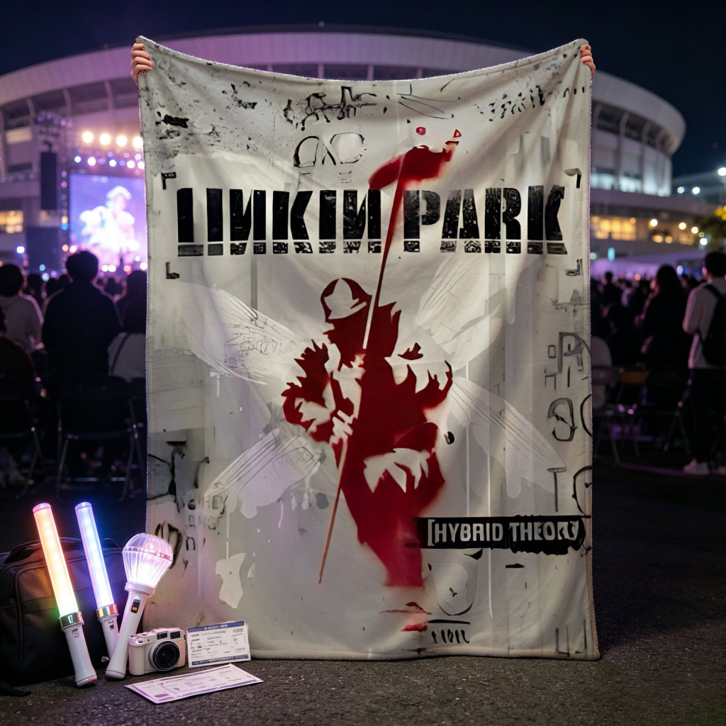 Linkin Park Album Cover Featuring a Red Silhouette of an Angel with Wings and a Spear Against a Graffiti-Style Background - Blankets