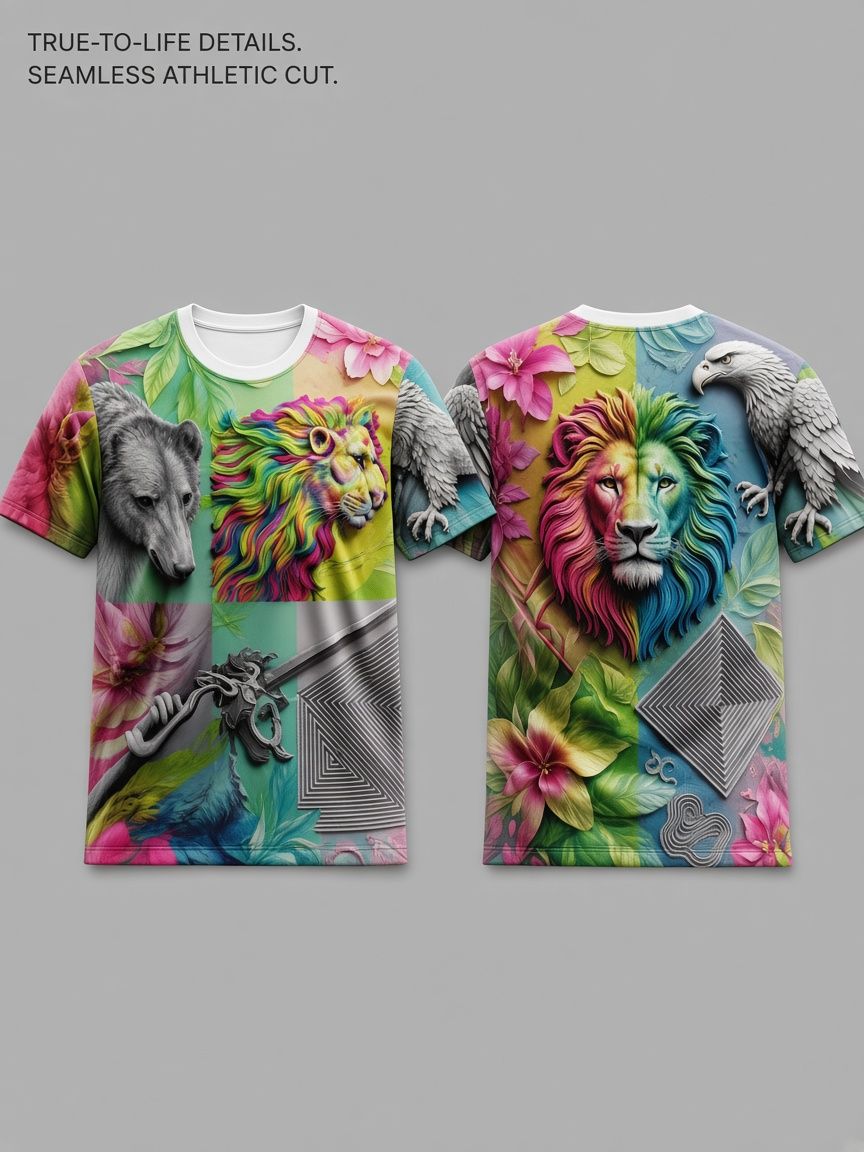 Rainbow Lion Wildlife 3D Optical Illusion Graphic Tee Breathable Athletic Mesh T-Shirt for Casual and Sports Wear