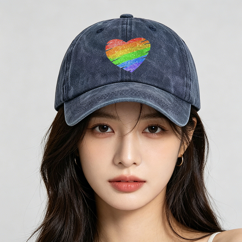 Men's Rainbow Heart Print Washed Cap Casual Round Brim Summer Lightweight Hat for Outdoor Activities and Pride Events Adults Unisex Fashion Accessory