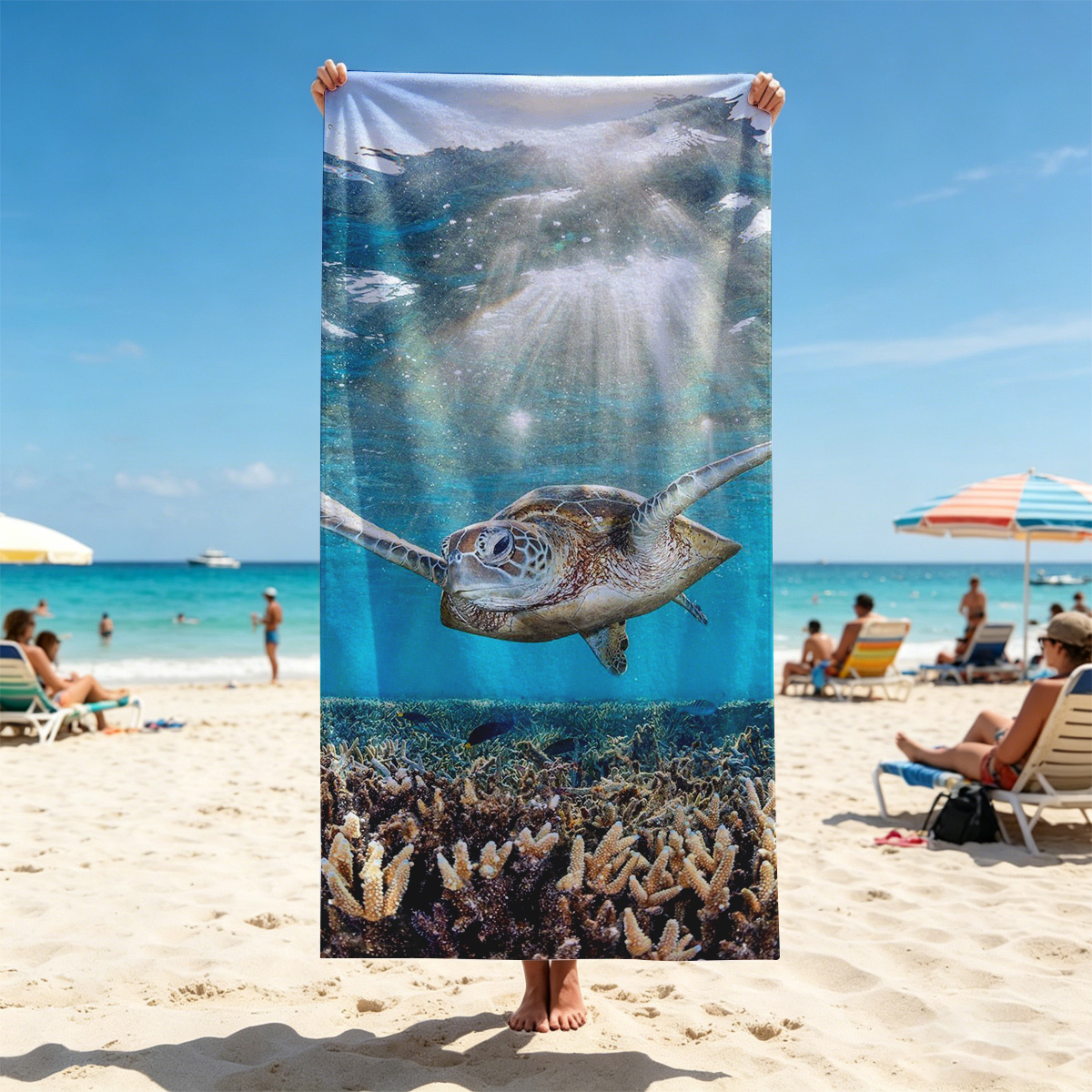 Sea turtle glides through sunlit coral reef - Beach towels
