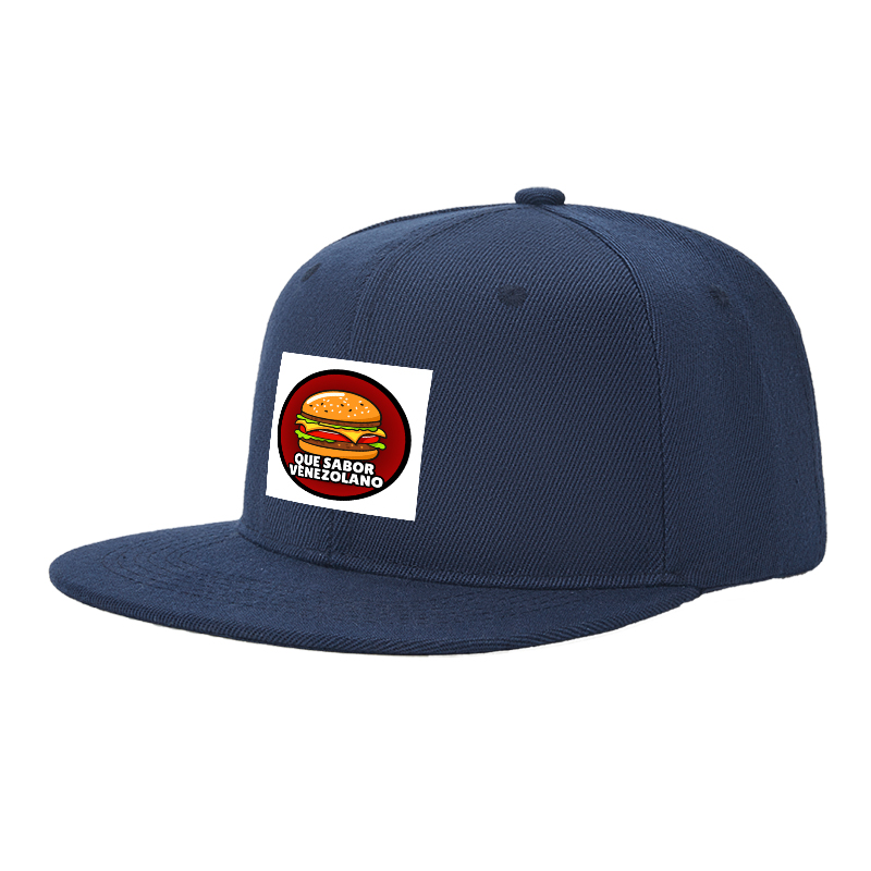 Flat Brim Baseball Cap Que Sabor Venezolano Burger Print Streetwear Underground Skate Style for Basketball Court Skate Park Urban Lifestyle Skaters Rappers Streetwear Enthusiasts