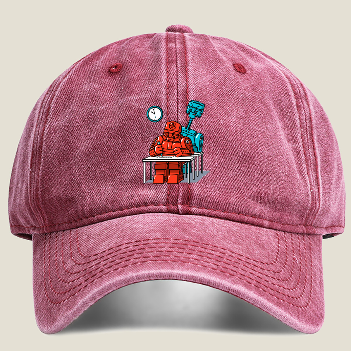 Red Robot Student at Desk with Blue Robot Friend - Washed Denim - Baseball Cap
