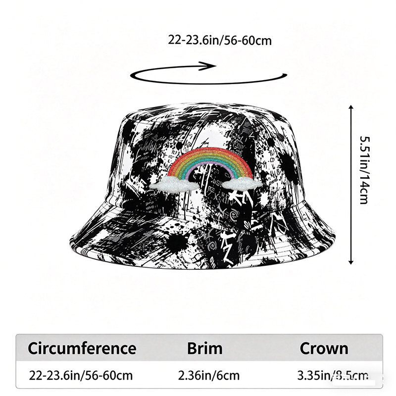 Unisex Classic Graffiti Bucket Hat with Glitter Rainbow and Cloud Print | Casual Streetwear Sun Protection Hat for Outdoor Activities, Travel, Festival | Perfect for Young Adults and Trendy Fashion Lovers