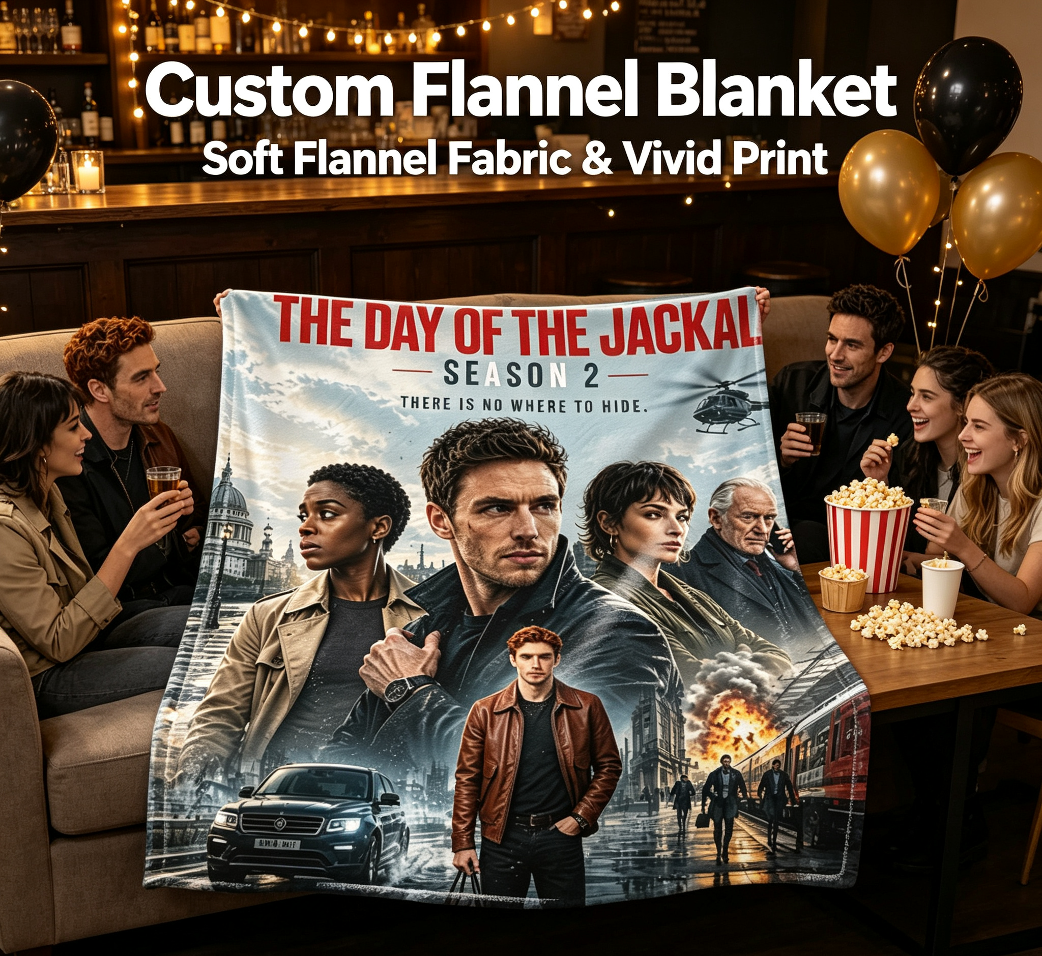 Custom Face Blanket The Day of the Jackal Season 2 Flannel Blanket Perfect for Fans of Eddie Redmayne and Lashana Lynch Ideal for Couch Watching or as a Unique Gift or Giveaway