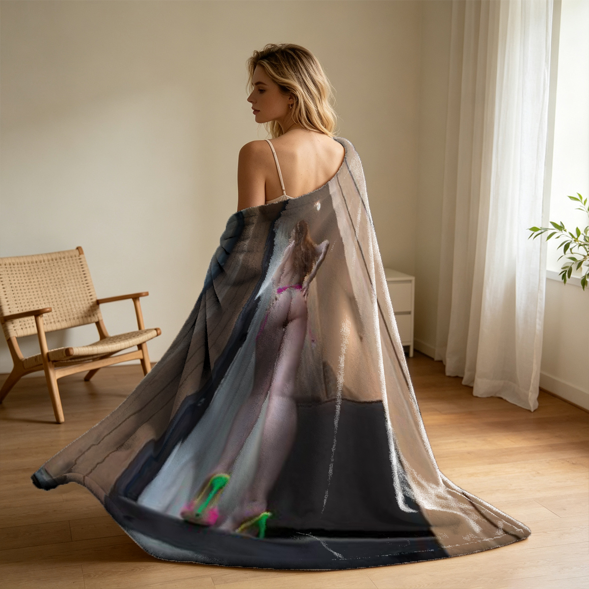 A woman in black lace lingerie and open robe standing barefoot in a modern living room. - Blanket