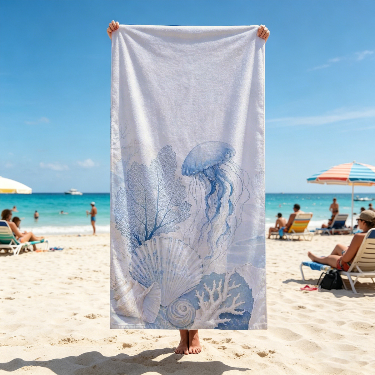 Underwater Serenity with Jellyfish and Seashells - Beach towels